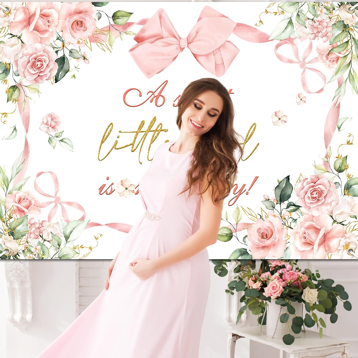 Avezano Pink Bow Baby Shower Backdrop for Girl Floral Bow Baby Shower Decorations A Sweet Little Girl is On The Way Background Party Supplies (7x5ft)
