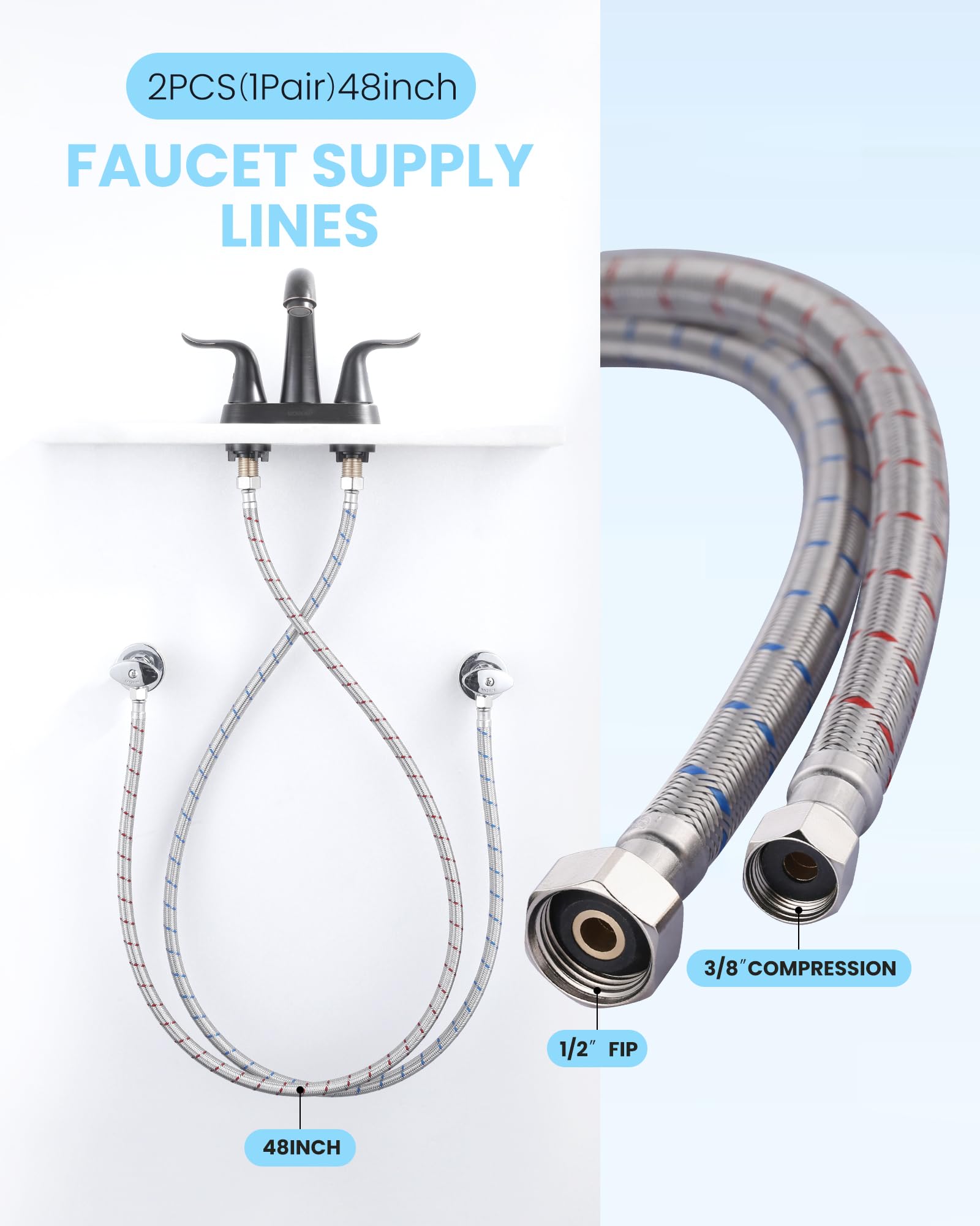 Conduites d'alimentation de robinet de 122,9 cm : connecteur de tuyau flexible tressé en acier inoxydable – Compression de 0,95 cm x 1,27 cm – Conduites d'alimentation en eau FIP pour robinet