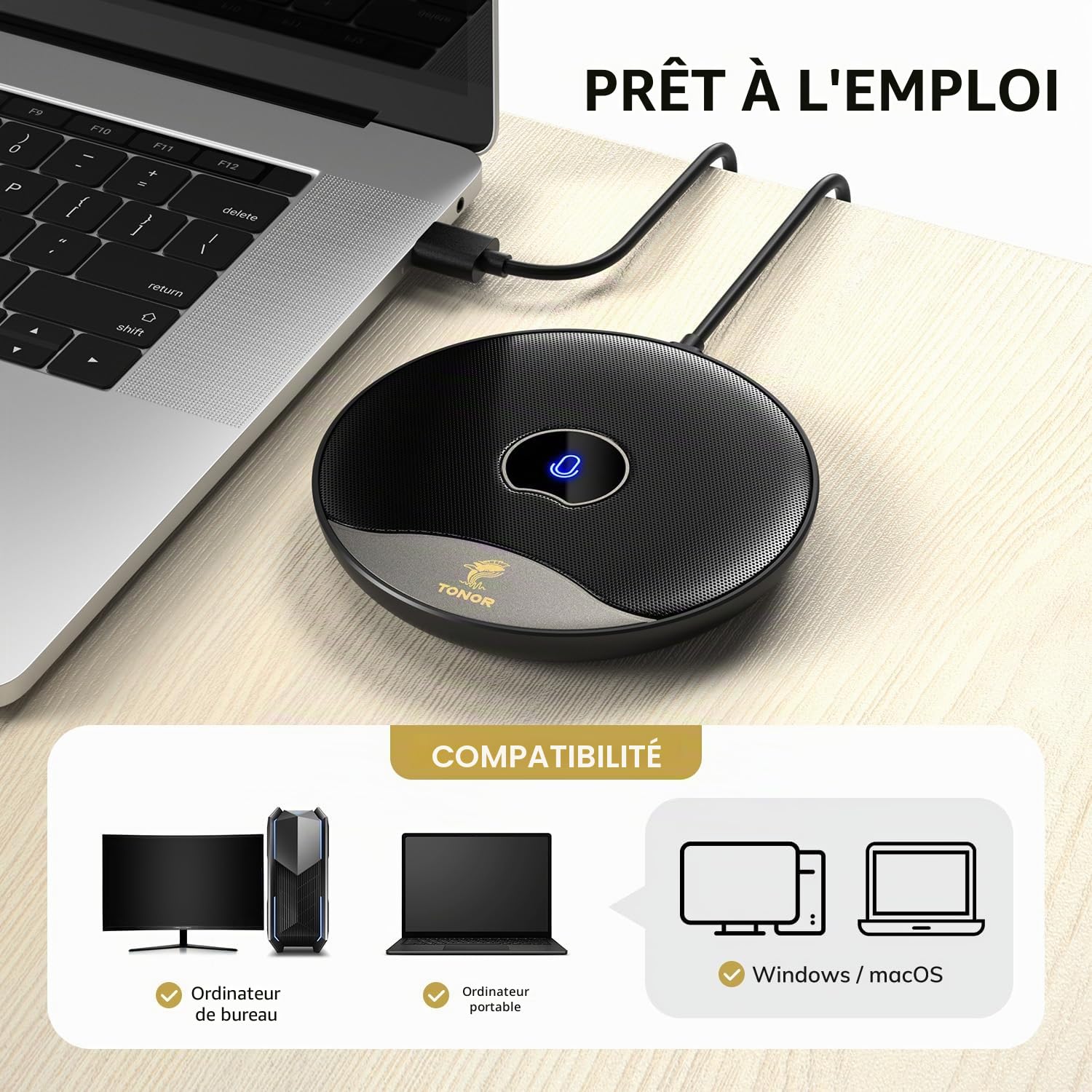 TONOR Microphone USB de Conférence, Micro à Condensateur Omnidirectionnel avec Bouton Muet pour PC, Plug and Play (TM20)