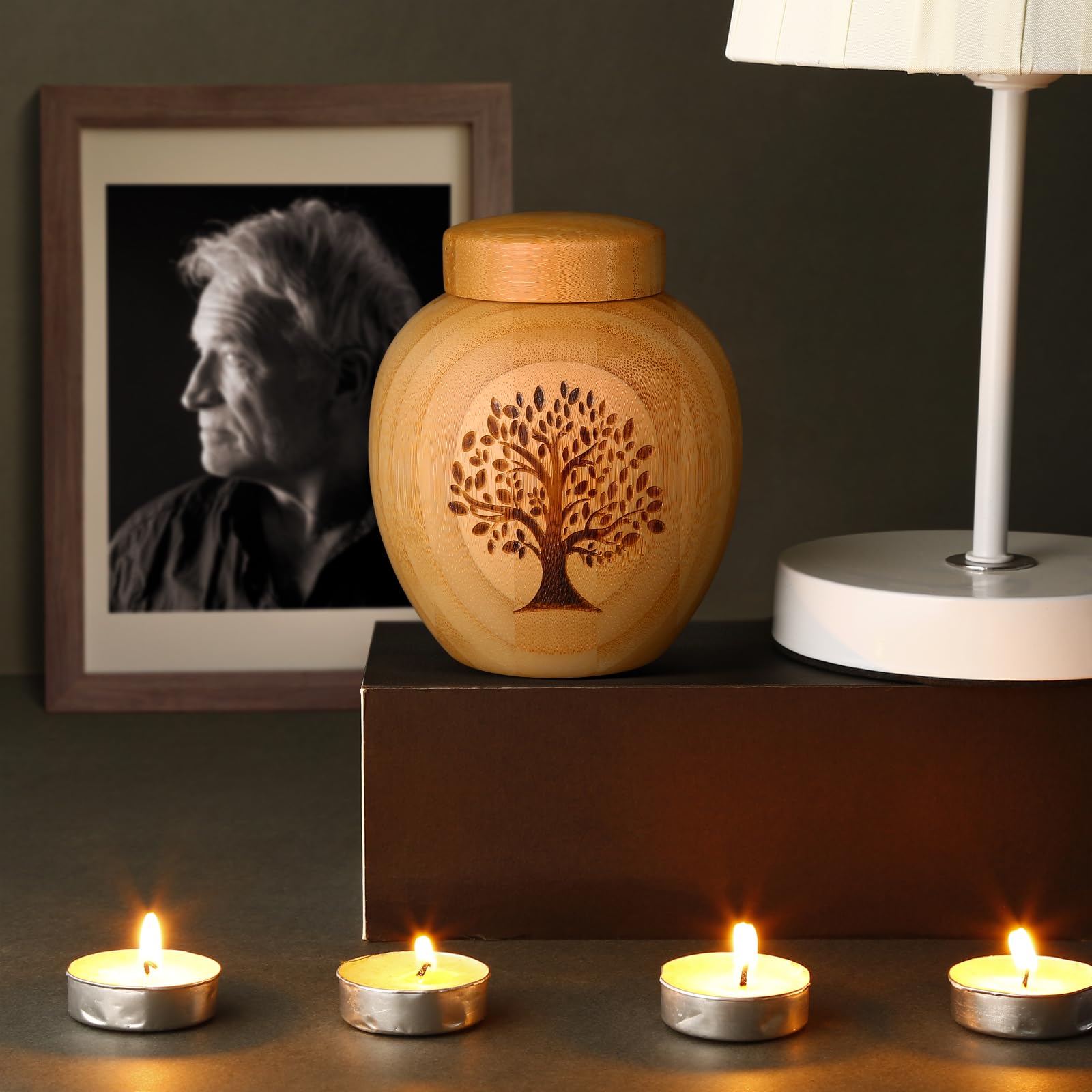 Piccole urne per cenere umana o animale domestico, in bambù, piccole urne souvenir con albero della vita, incise, piccole urne per cani e gatti