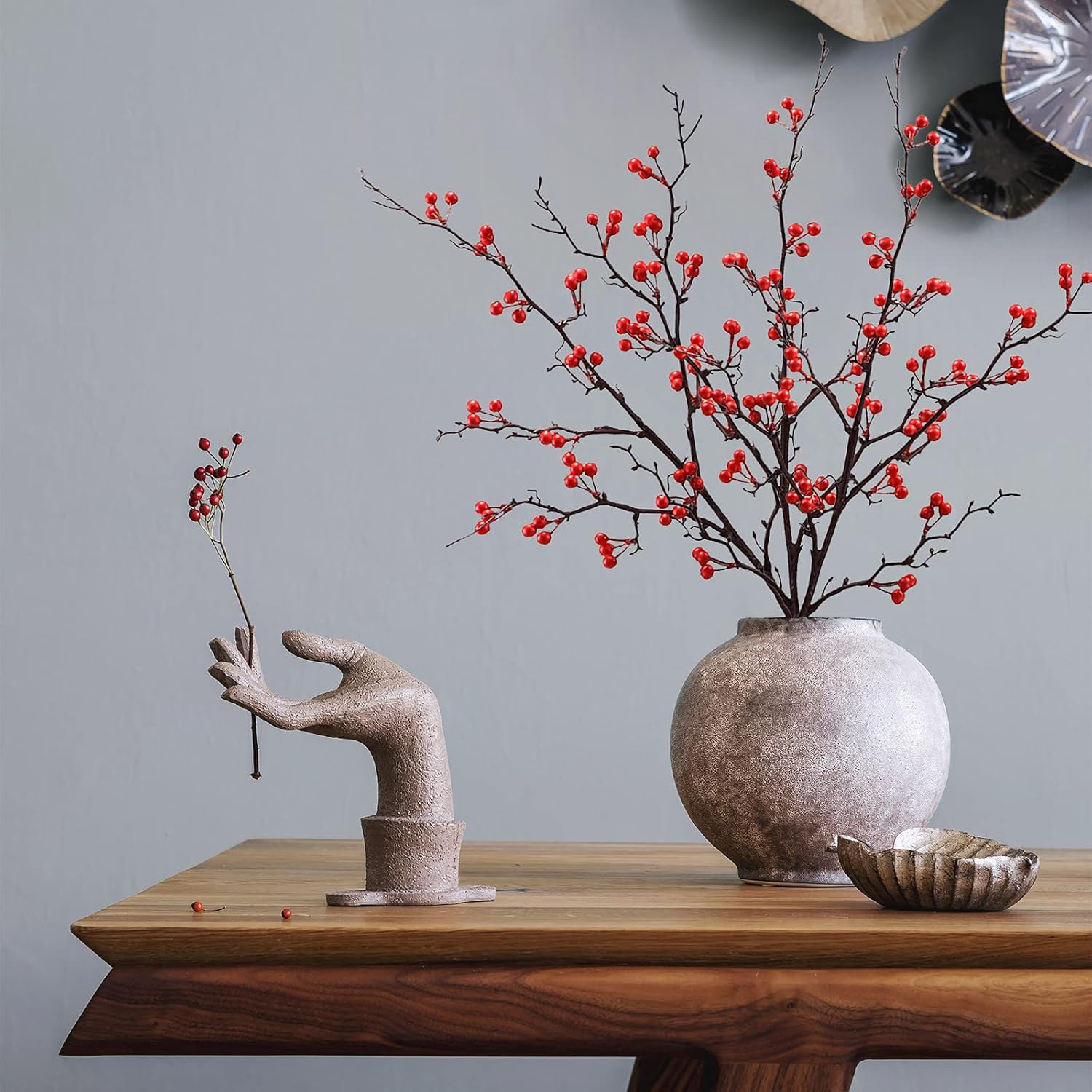 4 Pack Artificial Berry Stalks Set, Christmas Berry Twig Stem Faux Holly Berry Branch Ornament for Xmas Home Office Vase Decor, Red