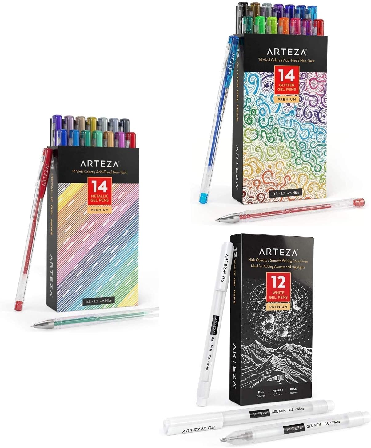 ARTEZA White Gel Pen Pack of 12 and Glitter and Metallic Gel Pens, Art Supplies for Journaling, Doodling, Drawing