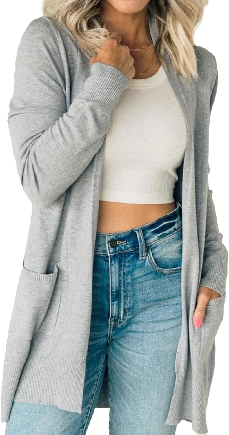 Spicy Sandia Women's Knit Cardigan Open Front Long Sleeve Sweater with Pockets Lightweight Fall Trendy Dressy Casual