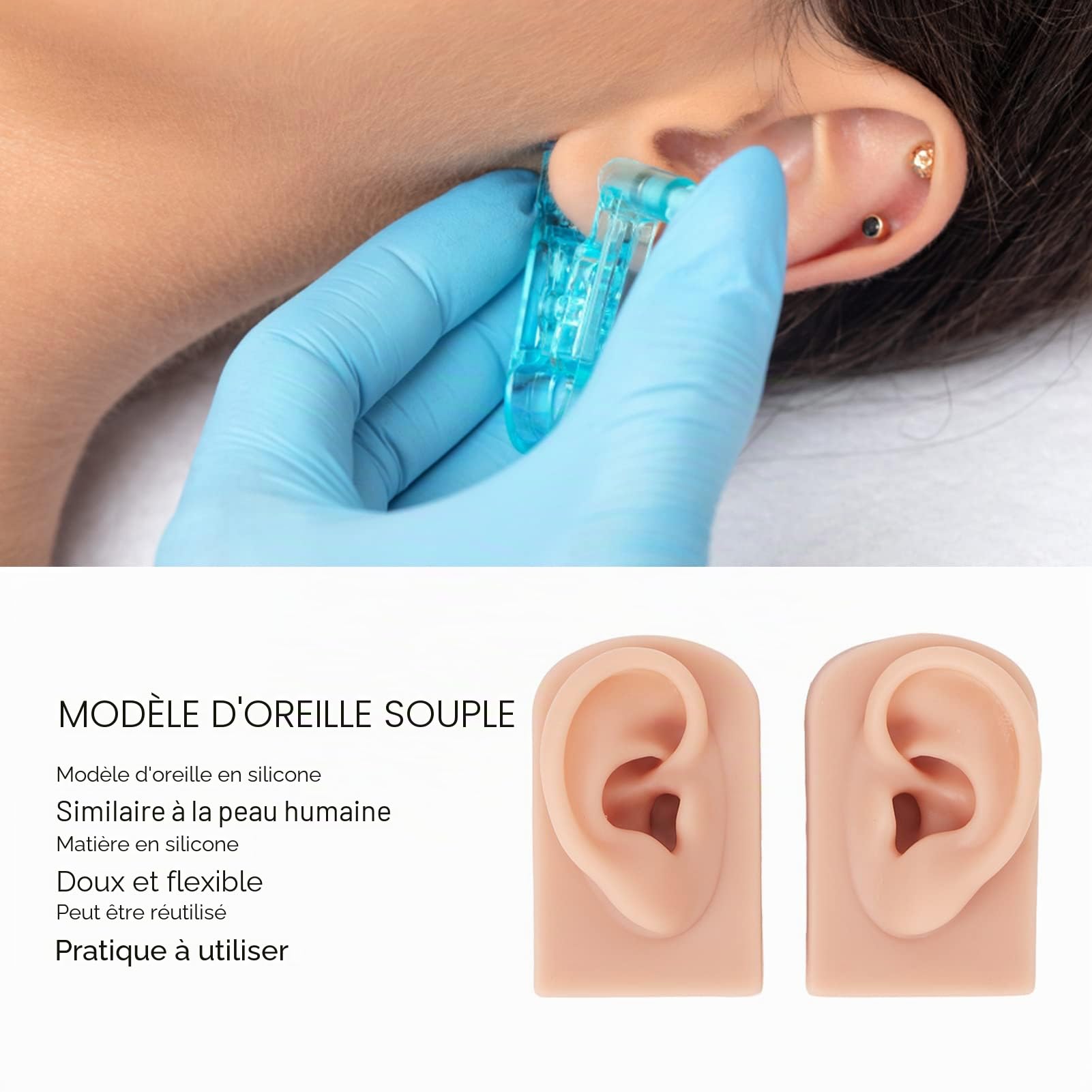 Modèle d'oreille en silicone souple, 2pcs Modèle d'oreille en silicone souple, Modèle de fausse oreille, Modèle de boucles d'oreilles pour l'étude, la pratique, les outils(Couleur chair moyenne)