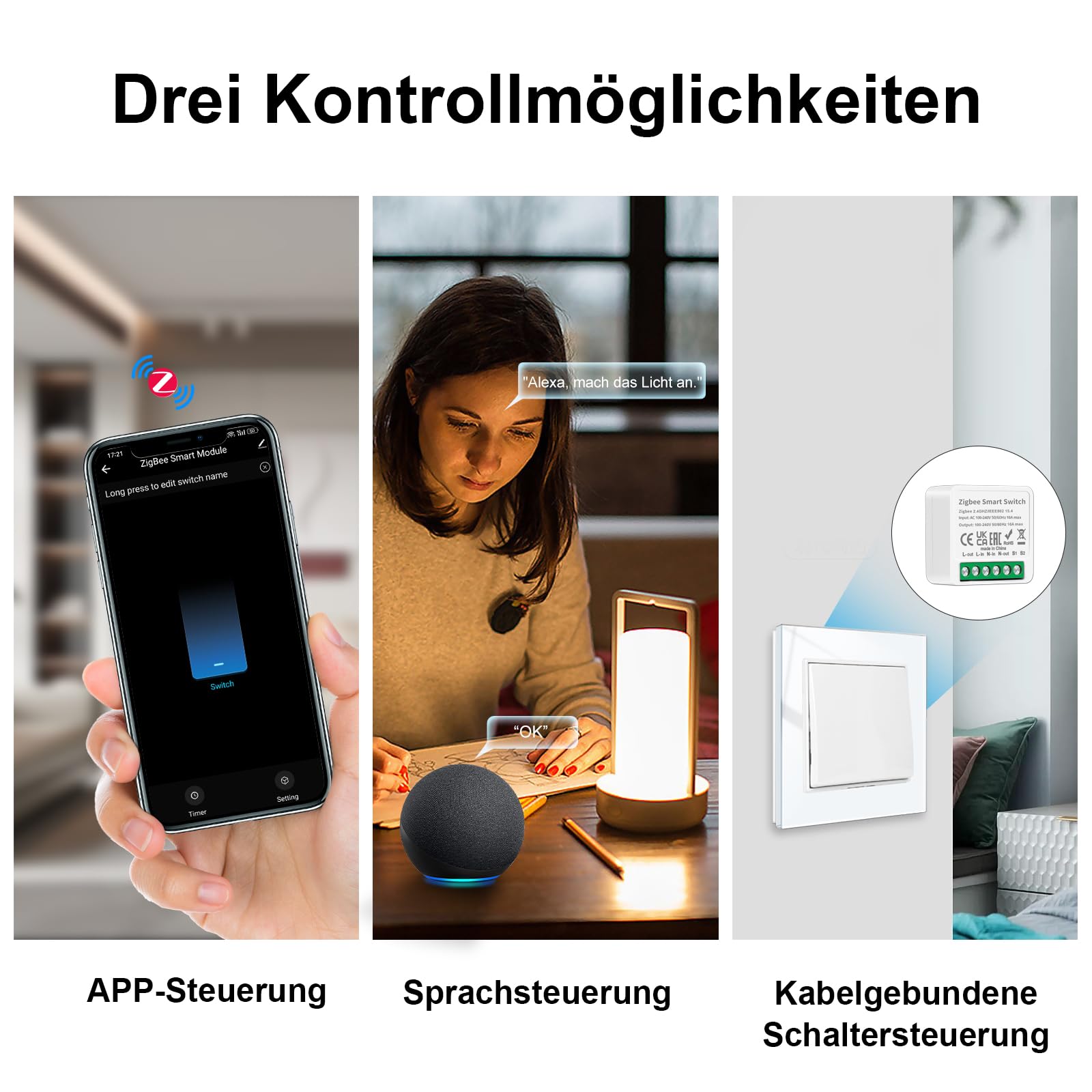 4 PCS CNBINGO ZigBee Smart Lichtschalter Modul 1 Weg/2 Wege, Mini DIY ZigBee Schalter, Passt hinter Wandschalter, Kompatibel mit Alexa Echo, Google Home, Smart Life, Neutralleiter Erforderlich