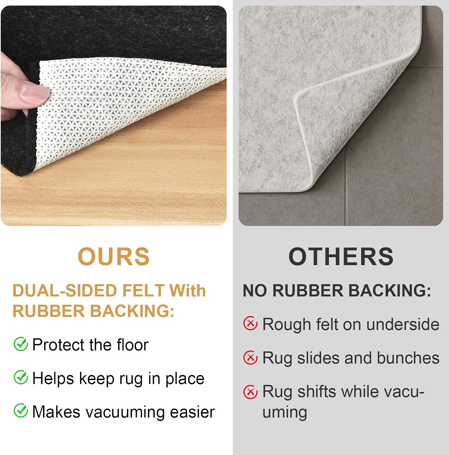 Deep Dream Dual Surface 2'6"x9' Rug Pad, Waterproof 1/8" Thick Felt + Natural Rubber Backing, Non Slip Carpet Gripper for Area Rugs, Protective Cushioned Pads for All Floors