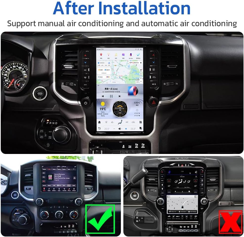 Comparison image showing a Dodge Ram dashboard with the original smaller screen and then with the larger aoonav 12.1 inch Android 13 stereo installed, highlighting the enhanced display and integrated climate controls.