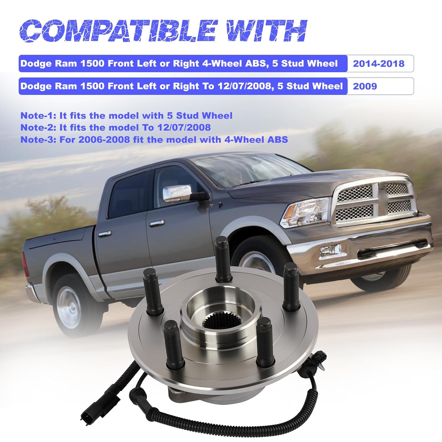 Front Wheel Hub Bearing Assembly with ABS Compatible with Dodge Ram 1500 2006-2009# 515113, 52070323AG, 52070323AH, 52070323AF