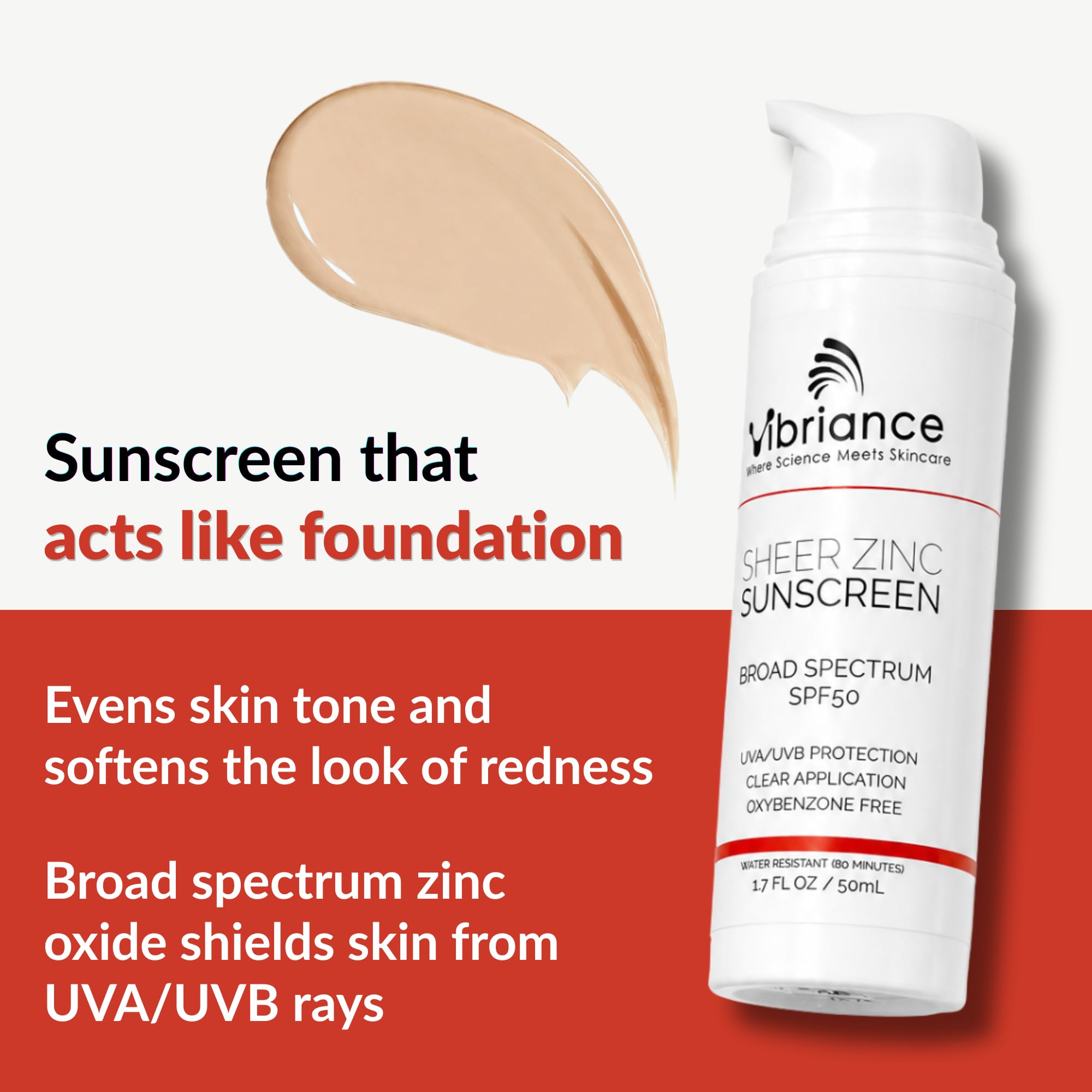 Vibriance Crema solar hidratante de zinc, rejuvenecimiento de la piel, protección solar transparente, amplio espectro, SPF 50, 50 ml