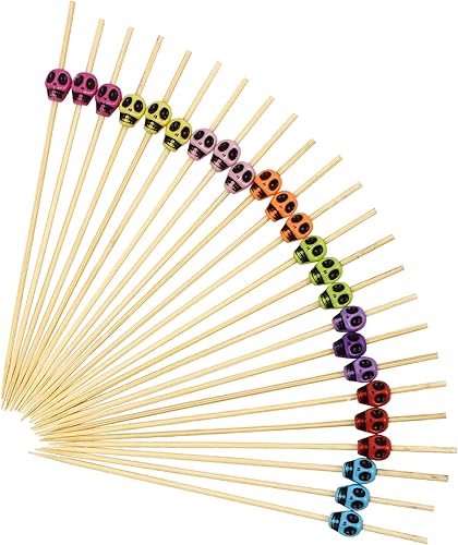 100 palillos de cóctel de calavera de 4.7 pulgadas, palillos de dientes decorativos de bambú, palillos de dientes de frutas para vacaciones, fiesta