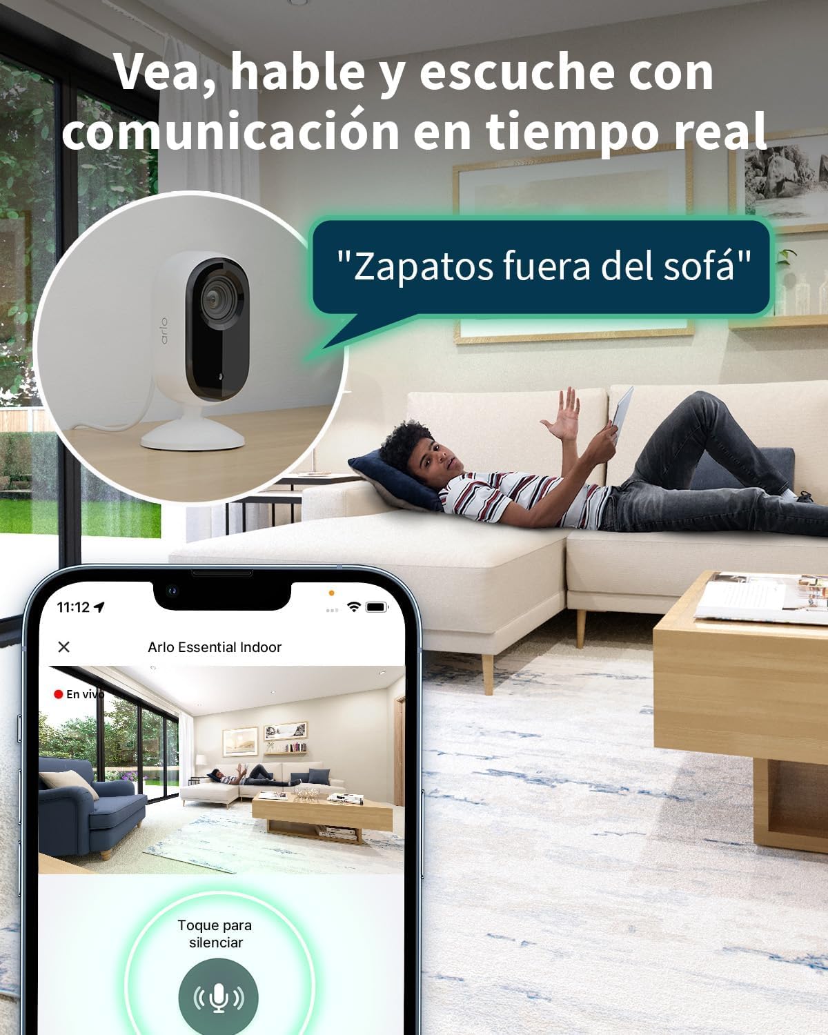 Arlo Essential 2 Indoor 2K Cámara WiFi Interior 2K para Mascotas, visión Nocturna, Audio bidireccional, Obturador de Lente, Blanca