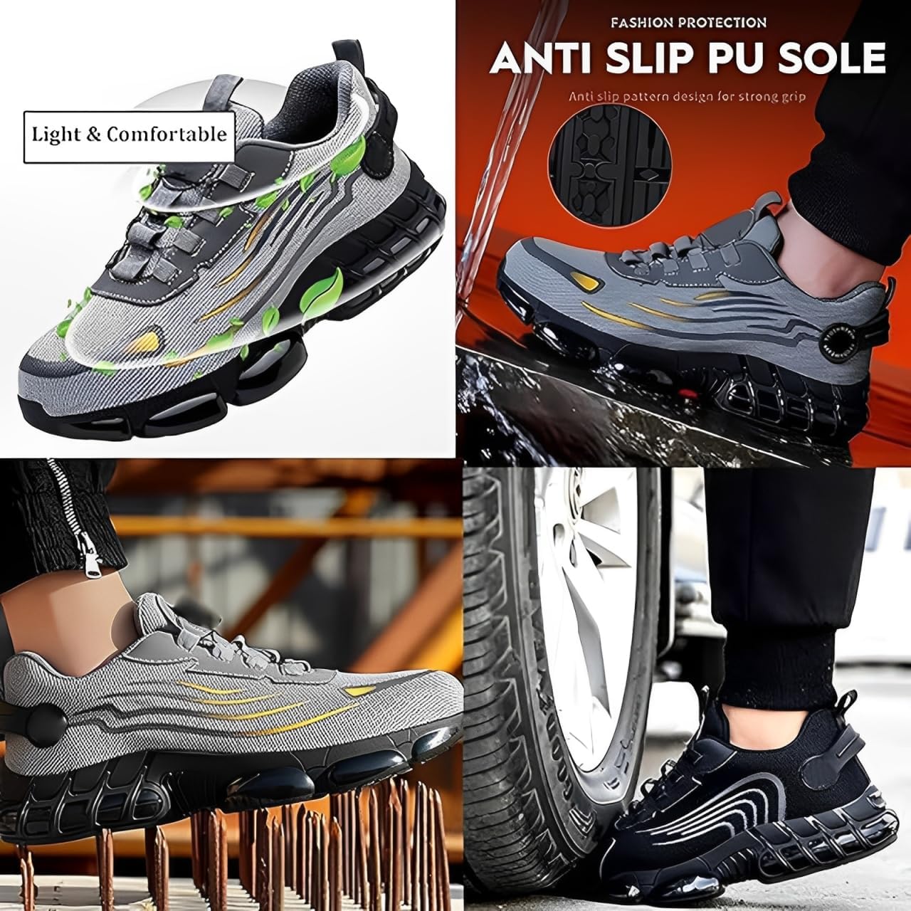 Noozier Safety Shoes Mens Steel Toe, Evontura Work Steel Toe Shoes, Evontira Power Trainers, Comfortable Puncture Proof Slip On Sneakers