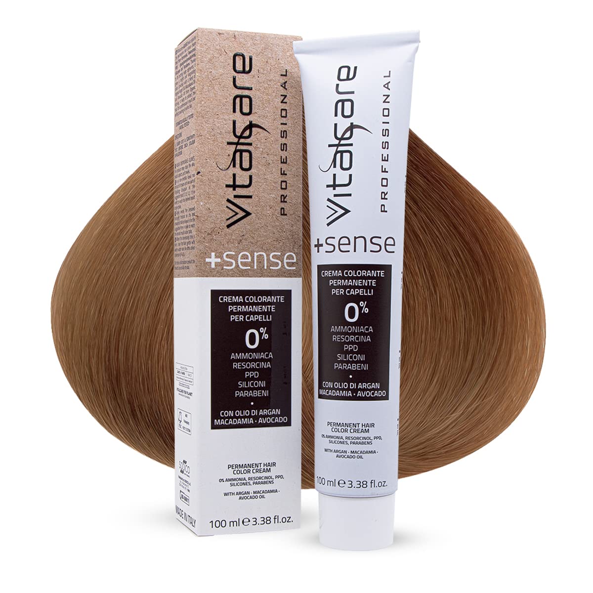 Vitalcare | +Sense - Coloración permanente profesional, crema colorante capilar, sin amoniaco, resorcina, silicona, con aceite de argán, macadamia y aguacate, 8/3 rubio claro dorado, 100 ml