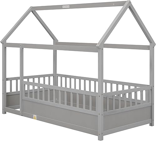 Miniatura 6 de Montessori - Cama de tamaño individual con barandillas para vallas, cama de madera con rieles, marco de cama de casa de juegos para niños, niñas y