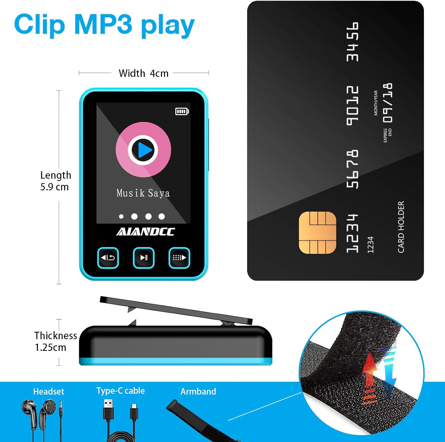 Aiandcc M8 MP3 Player dimensions and accessories