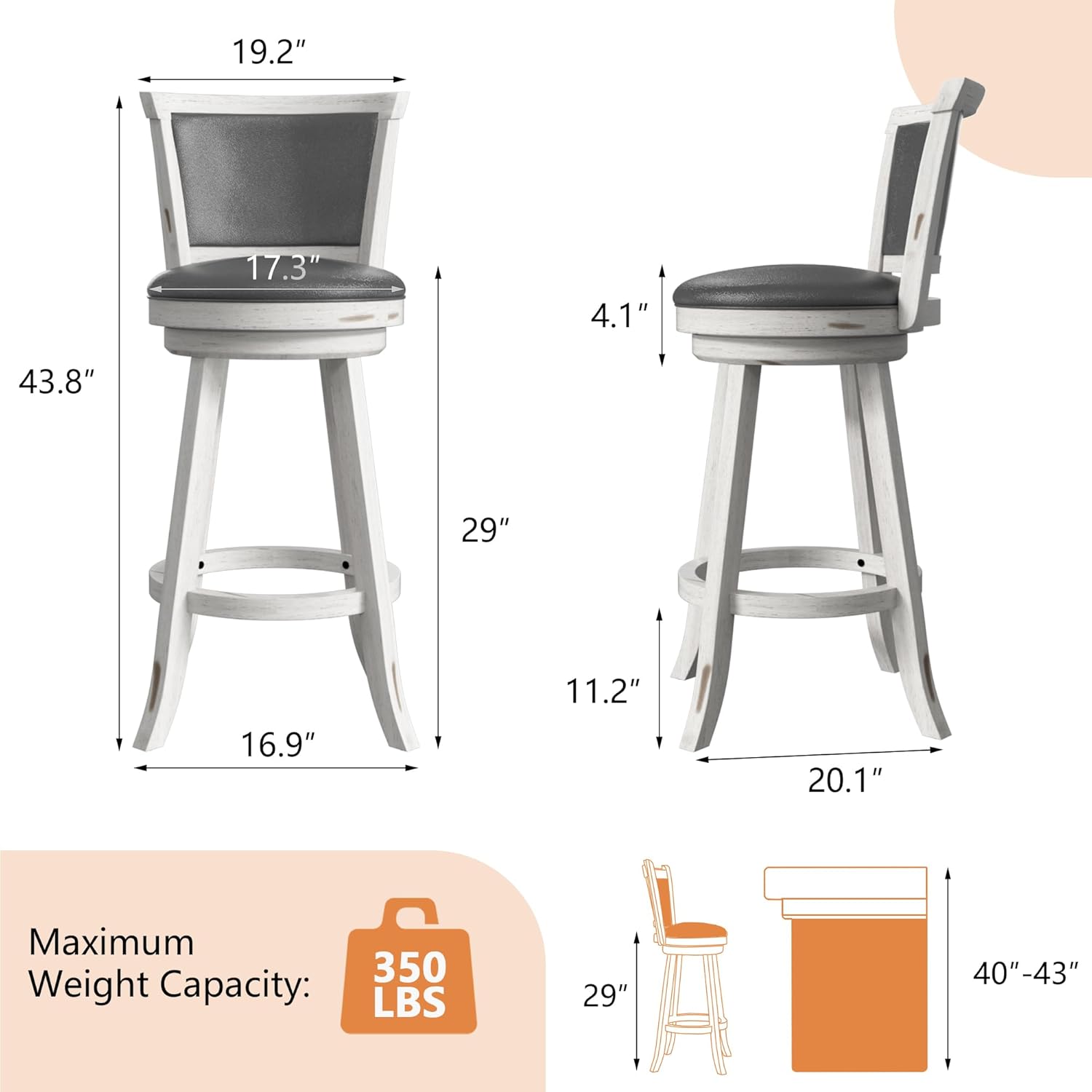 Swivel Bar Stools Set of 2, 29" Bar Height Swivel Barstools with Back & Faux Leather Upholstered Seat, Island Chairs with Solid Wood Legs & Footrest for Kitchen, Dining Room, Pub, White