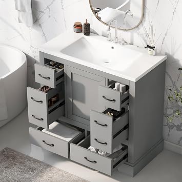 Linique 36" Bathroom Vanity with Ceramic Sink, Storage Cabinet wtih 6 Drawers and Adjustable Shelf, Modern Vanity for Bathroom, Grey