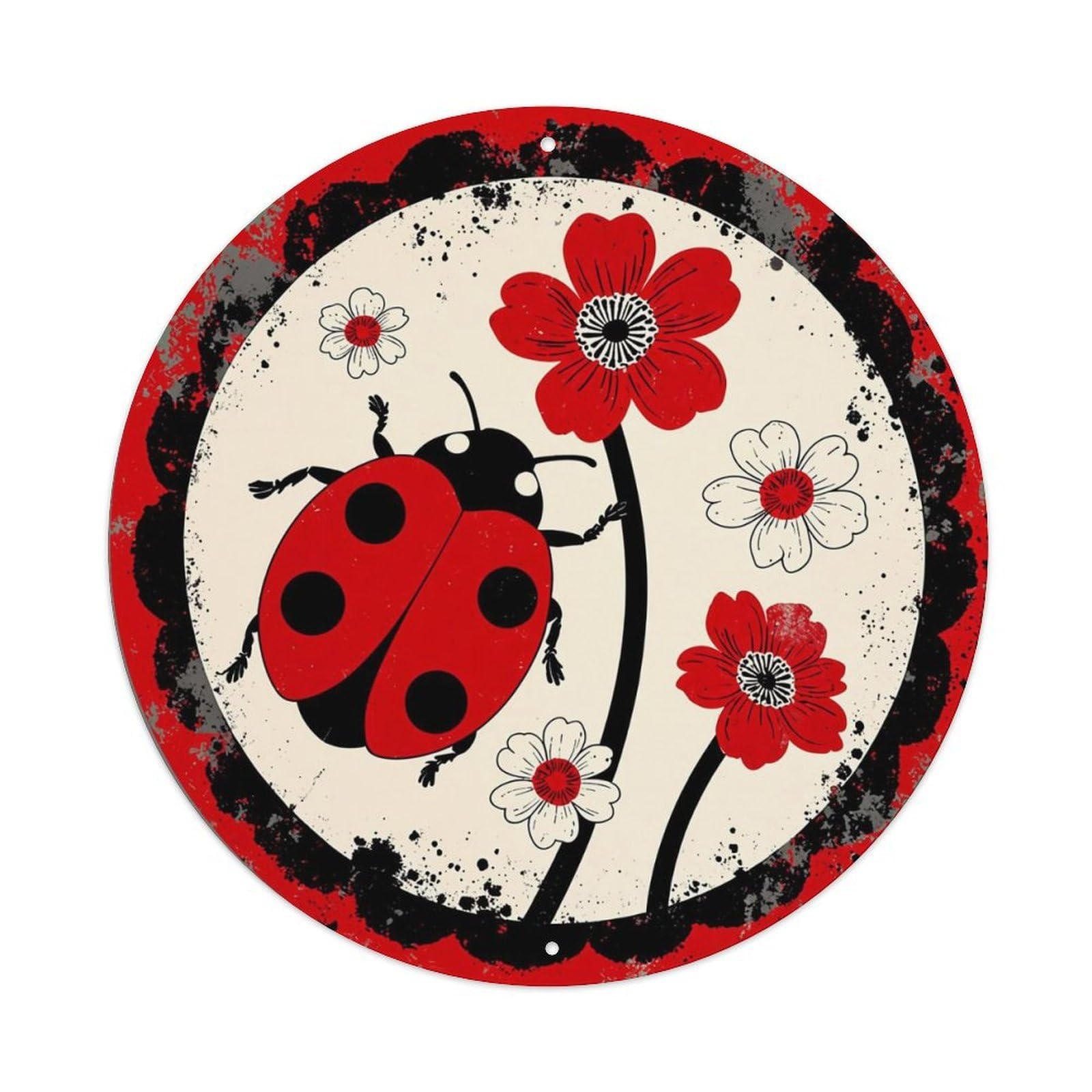 Ladybug Flower Red White Black Tin Sign Metal Poster Vintage Metal Signs for Home Man Cave Bar Cafe Kitchen laundry room Wall Decorations Gift 8x8Inch