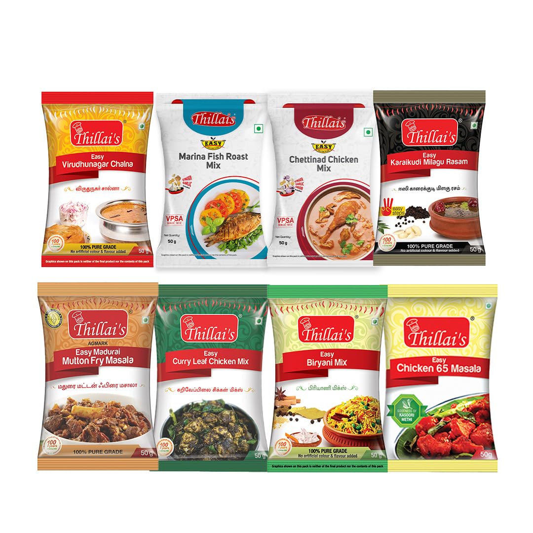 Thillais Easy to Cook Mix masalas Combo- 50g Each (Pack of 8) | Spicy Masala Combo | Marina Fish Roast Mix | Chicken 65 Masala | Mutton Fry Masala | Virudhunagar Salna Mix | Curry Leaf Chicken Mix | Chettinad Chicken Mix | Karaikudi Milagu Rasam | Biriyani Mix |