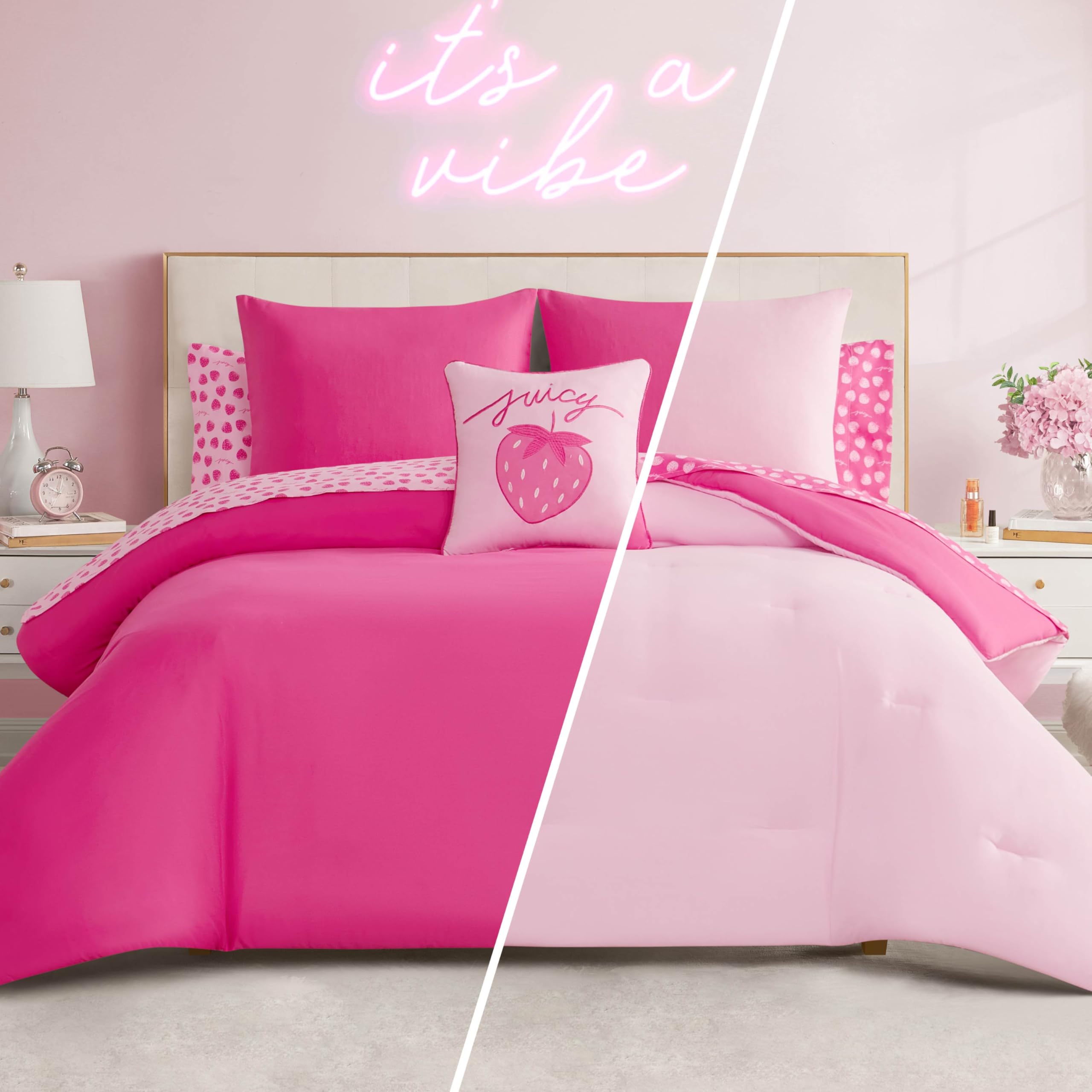 Juicy Couture Hot Pink/Light Pink Summer Strawberries Reversible Comforter Bed In A Bag, Twin