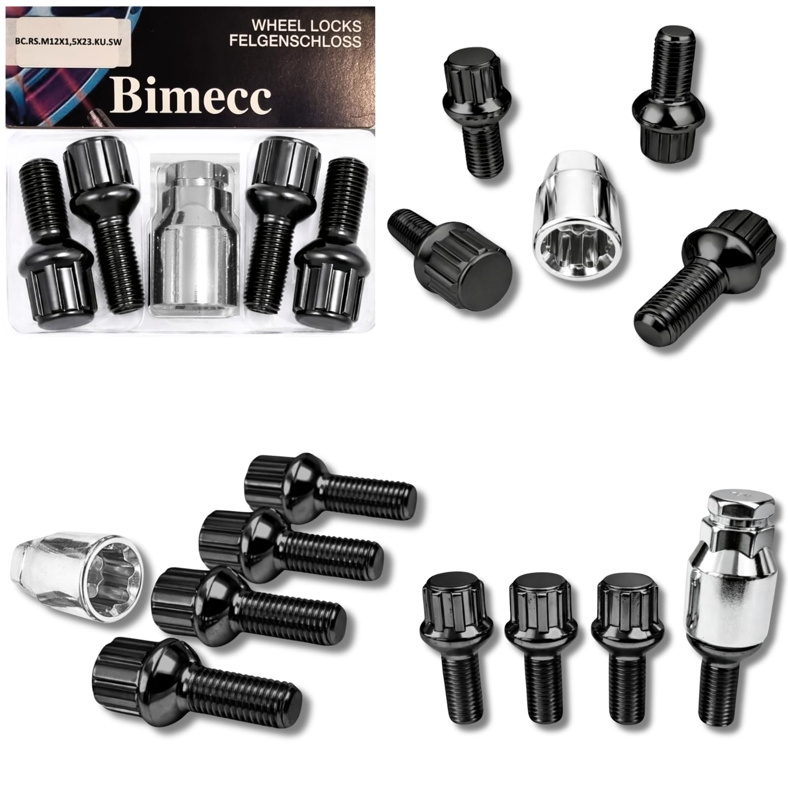 Felgenschloss M12x1,5x23mm Kugelbund R13 kompatibel mit Seat Skoda Smart VW 4x schwarze Felgenschlösser 4er-Set Felgensicherungen Radsicherungen Felgen-Diebstahlschutz Radschrauben Radbolzen Schrauben