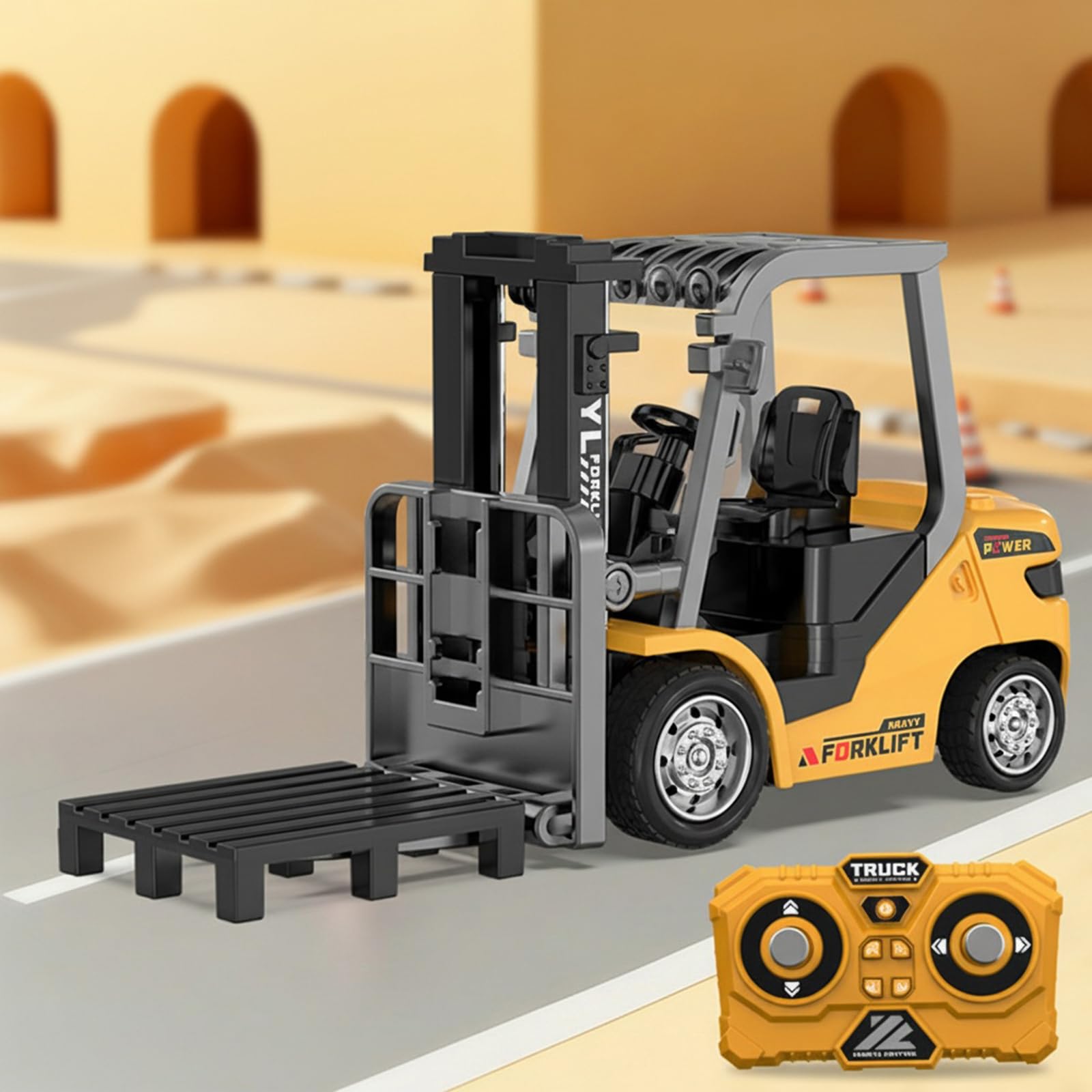 2set 1/64 Full Proportional RC Forklift Toy, Alloy Forklift Toy Car Model 2 in 1 Transformable Lift Fork & Hook Engineering Vehicle Tabletop Toys with Lights & Sounds Gifts for 4+ Kids
