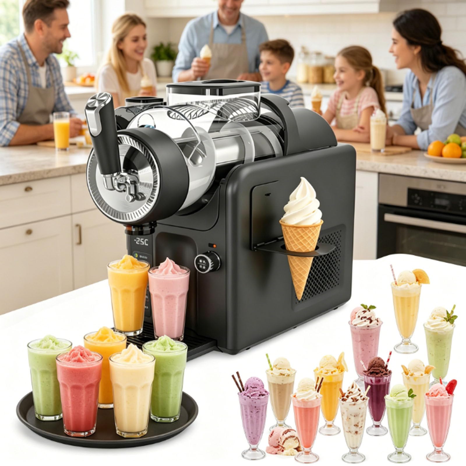 Máquina De Granizados De 185 W,Máquina 5 En 1 para Hacer Granizados,Postres Helados Y Bebidas,Máquina para Hacer Helado Suave con Bandeja Antiderrame,12 Horas De Uso Comercial Black