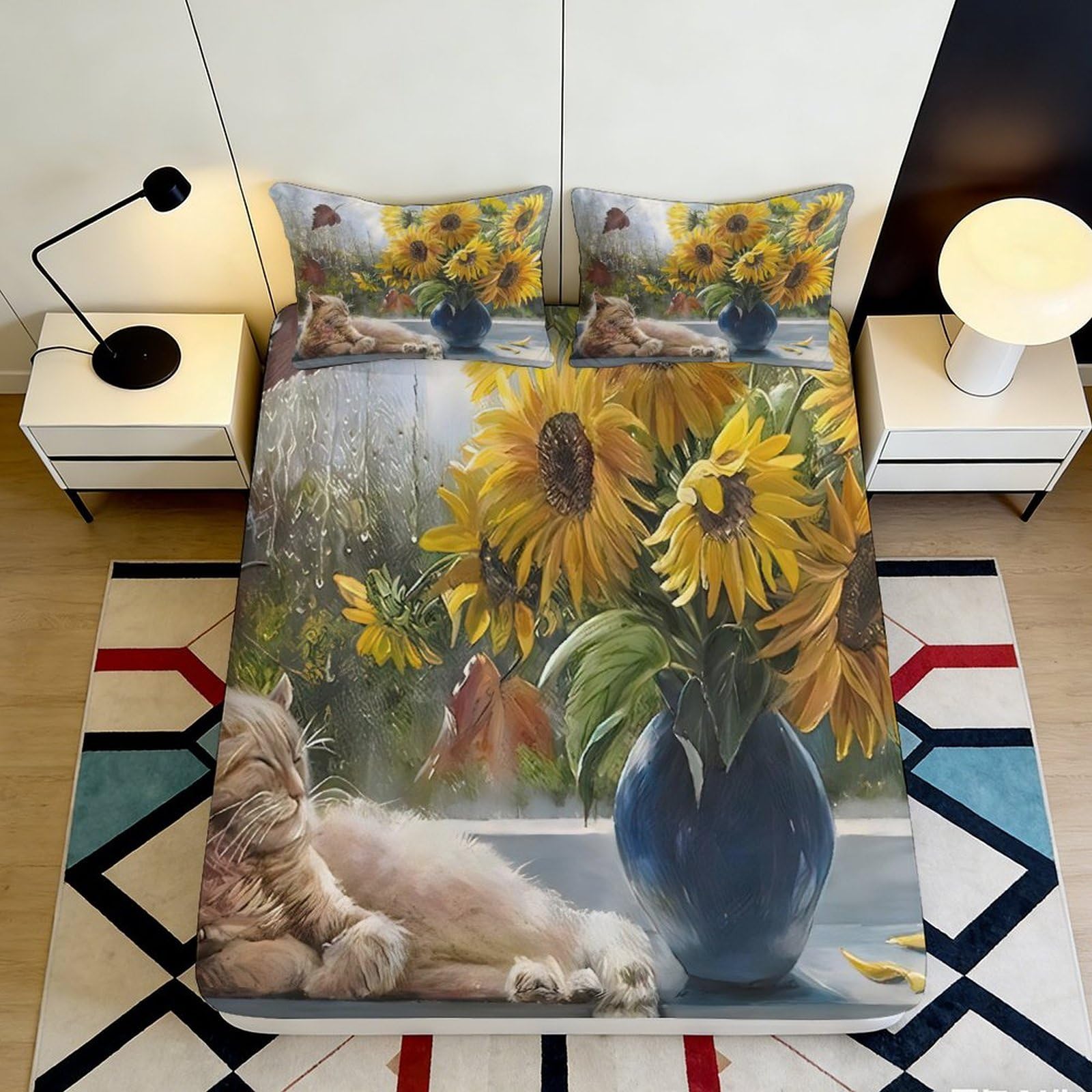 Pnayamiorkfel Style-5 3D Printed Sunflower Cat Fitted Sheet Microfiber Soft Artistic Bed Cover For Bedroom Guest Room Decor Anti-Slip 90X200x25cm