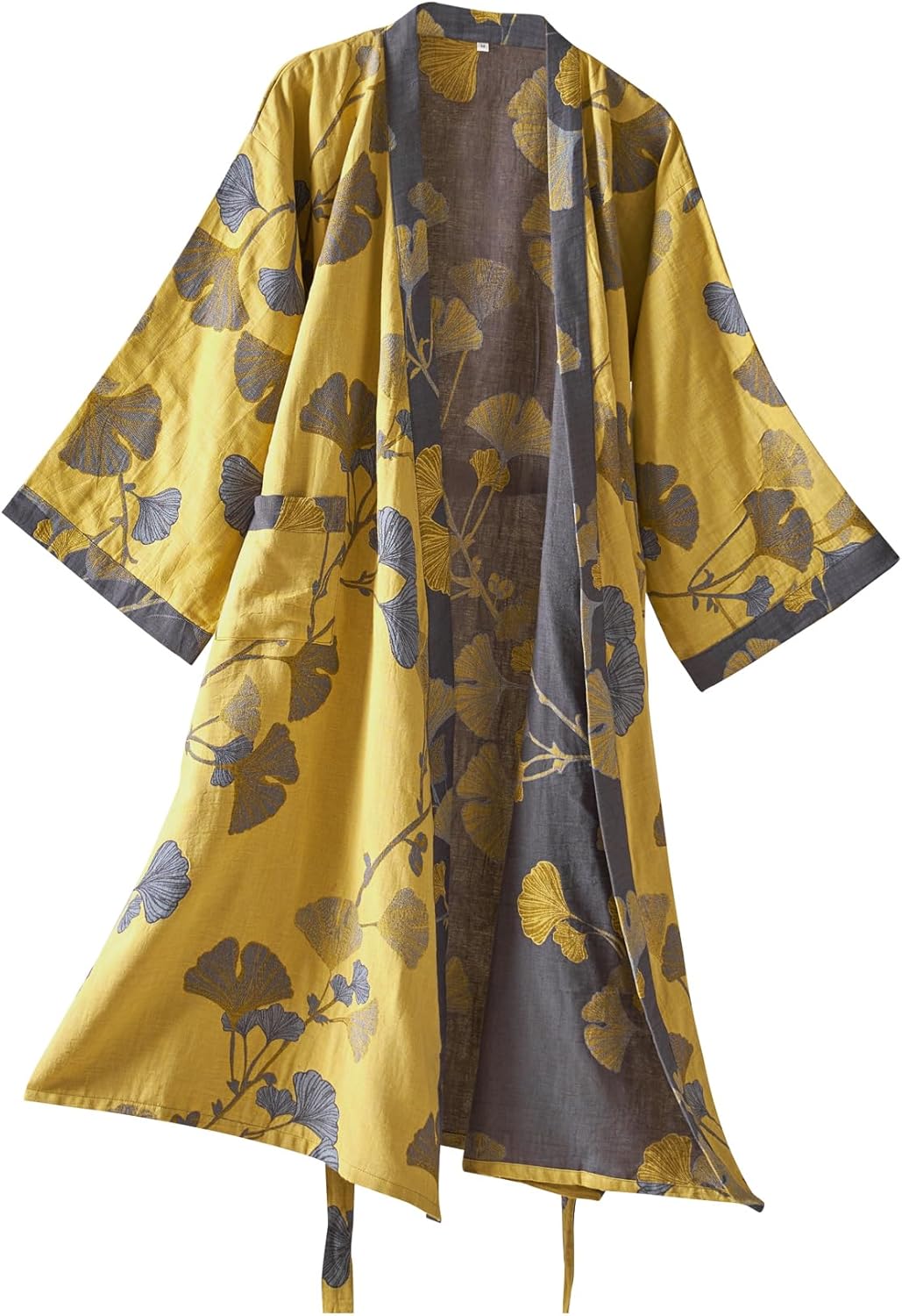 100% Cotton Gauze Ginkgo Leaf Kimono Robe, Long Knit Loose Loungewear Bathrobe Nigh...