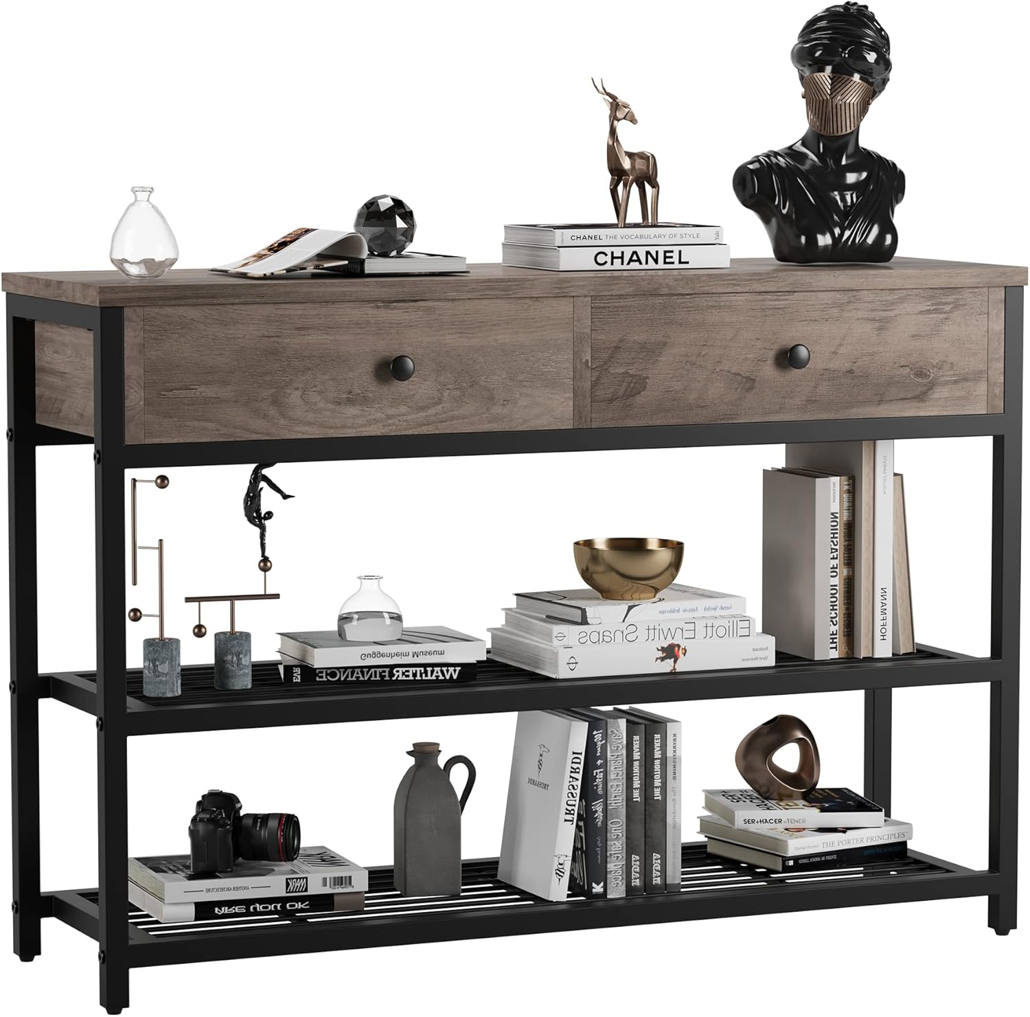 Console Table, Entryway Table, Beside Table with 2 Drawers and 3 Tiers Open Shelf, Durable Structure with Metal Frame, Round Shape Drawer Handle for Hallway, Living Room in Brown