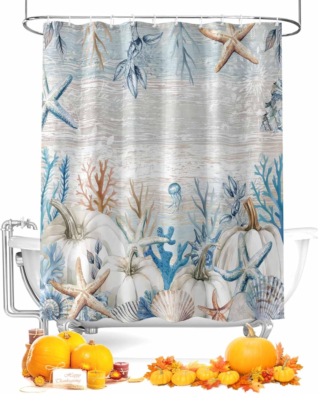 Orange Blue Pumpkins Fall Shower Curtain, Thanksgiving Maple Leaves Stall Bathroom Curtains for Bathtub, Fall Branch Waterproof Fabric Shower Curtain Set with 12 Hooks, 36" x 78"