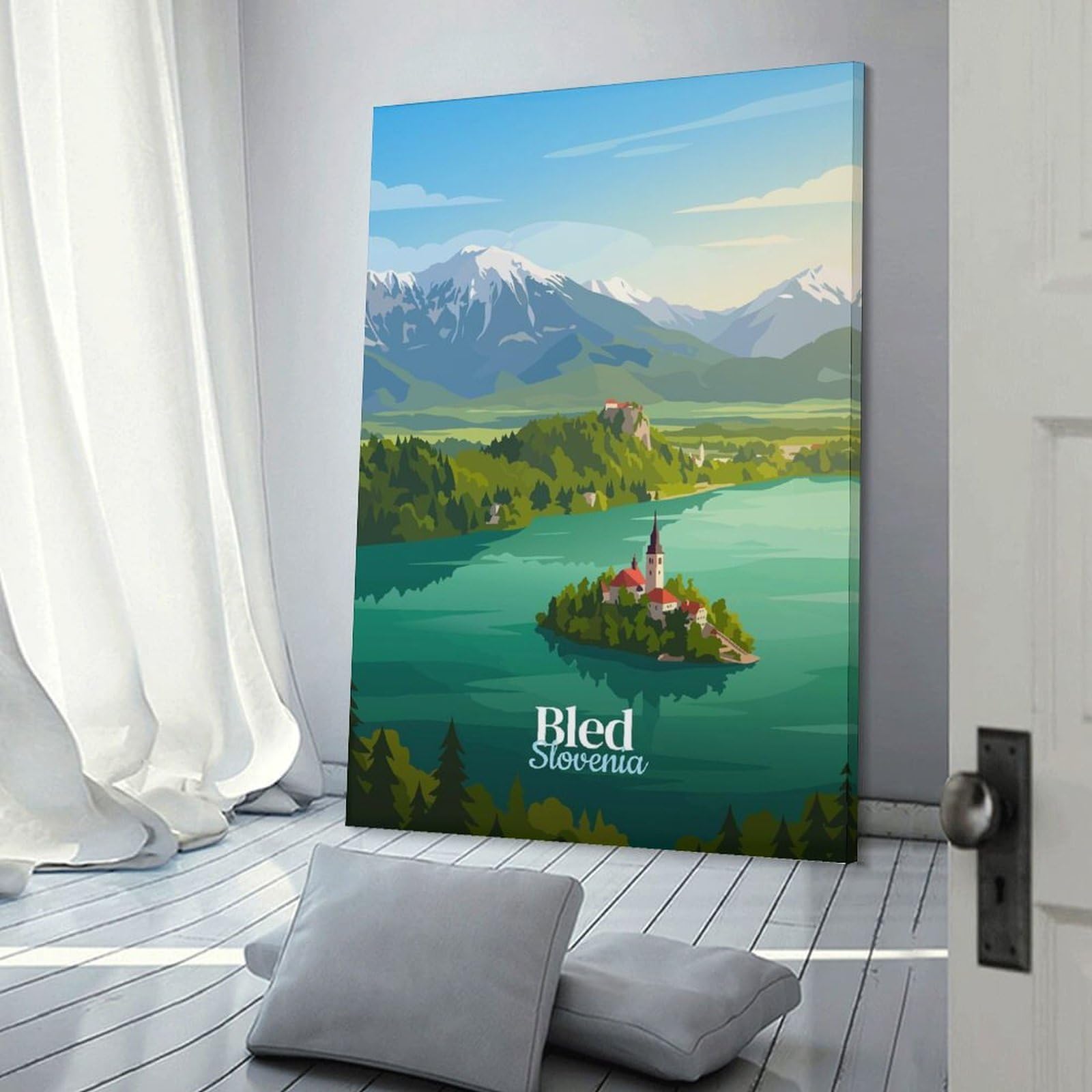Junmoney Lake Bled Travel Room Decor Wall Art 24x36inch(60x90cm), for Bedroom Walls, Guest Spaces Or Lounges, An Easy Wall Refresh for Bedrooms