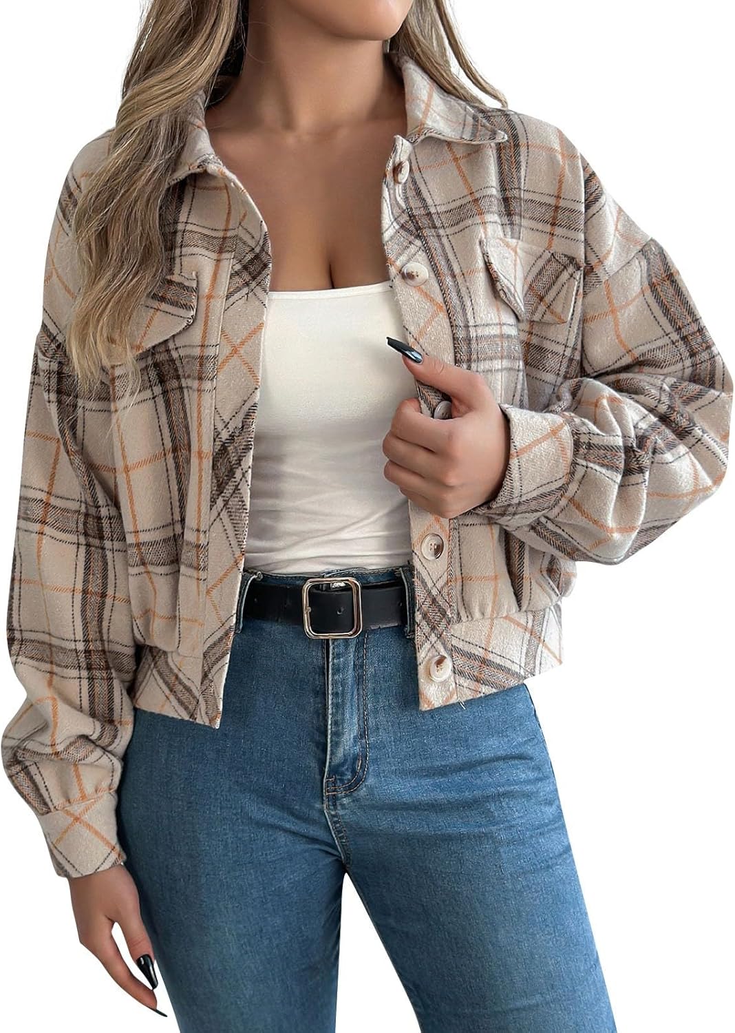 Damen Hemdjacke Kariert - Loose Übergangsjacke Mit Knöpfen