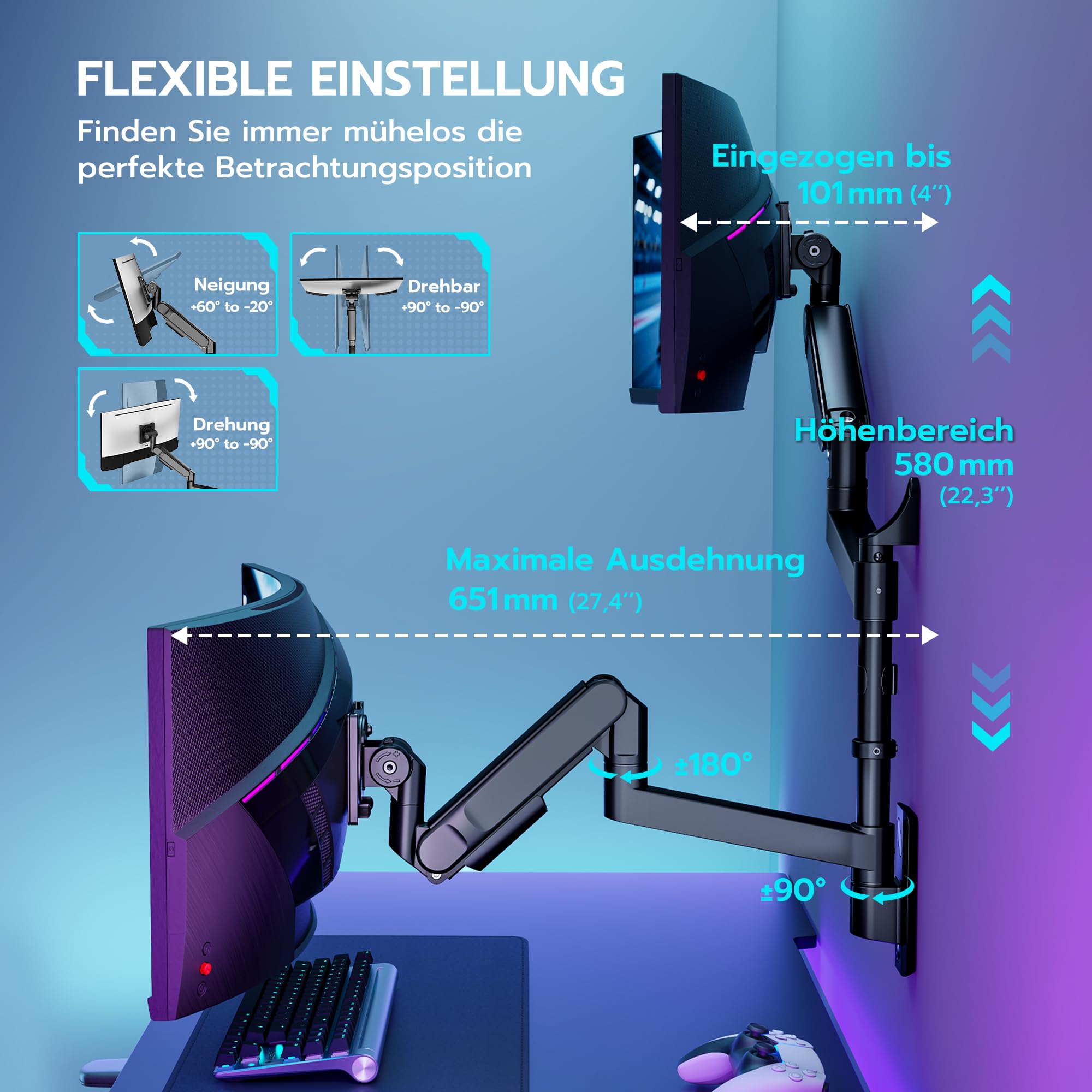 Ares Wing Soporte de Pared para 2 monitores de 24 a 57", Negro | para pantallas de hasta 27 kg/brazo, muelle de gas, soporte de pared, altura regulable, inclinable, VESA 75/100