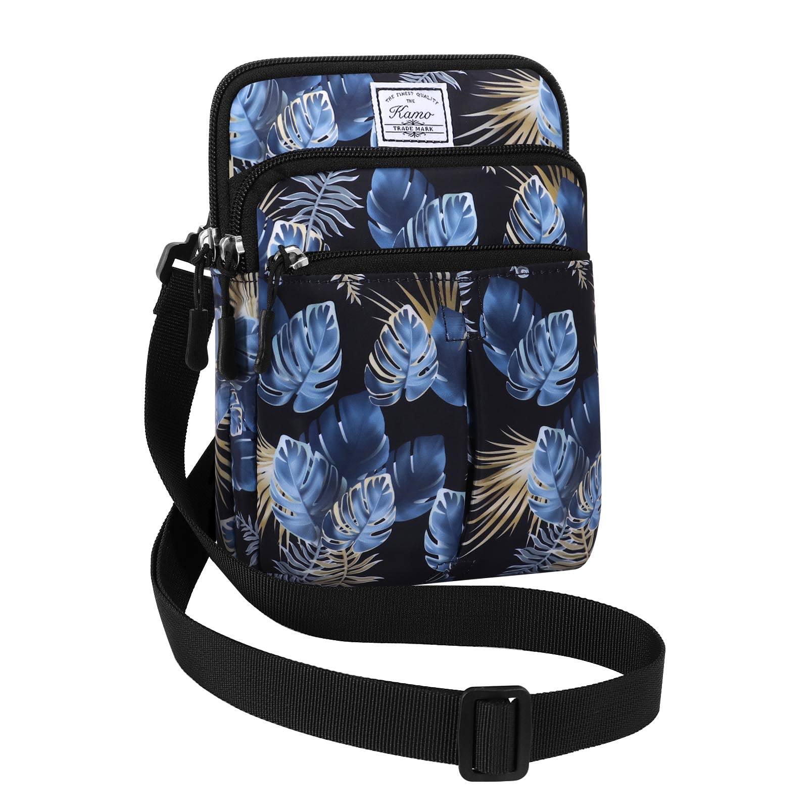 KAMO Multifunction Phone Bag One Shoulder Phone Waist Bag Diagonal Cross Bag Smart Phone Case Outdoor Bag Triple Zip Hipster Crossbody Purse for Women & Men N-Blue leaves
