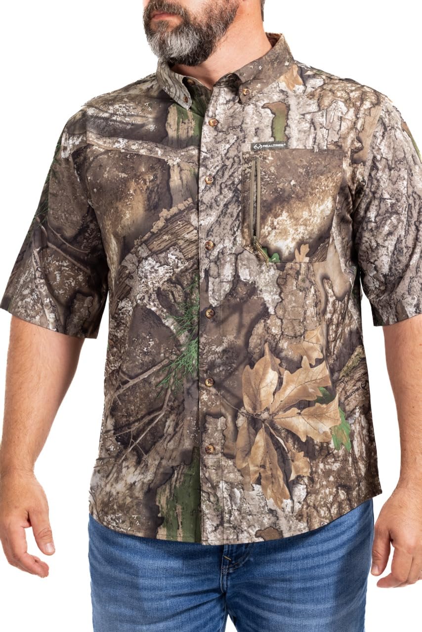 Men's Button-Down Original Camo Camp Short Sleeve Shirts for Hunting, Hiking and Fishing, Size Small