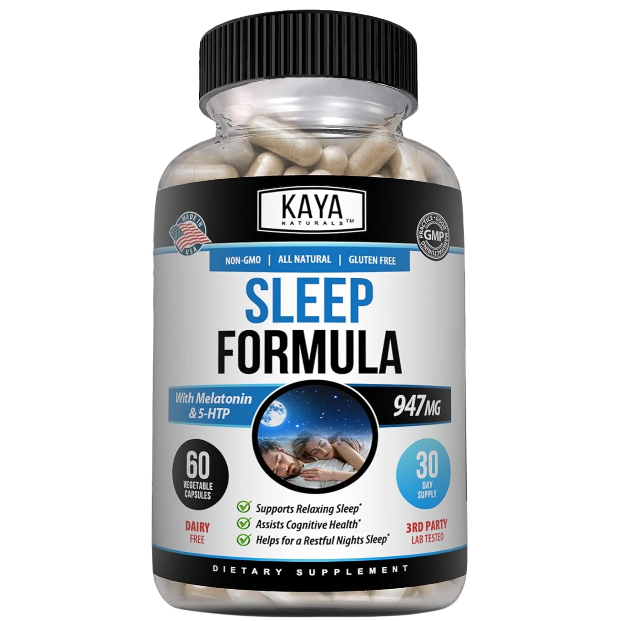 Kaya Naturals - Sleep Support Formula with Melatonin - Aid Support Vitamin Supplement - Sleep Stress and Mood Support - L-Tryptophan, Passion Flower, Ashwagandha and More - 60 Capsules (60 Count)