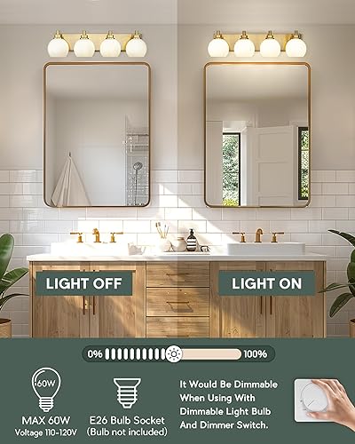 Miniatura 2 de VL195-BG-ML-4 - Lámpara de tocador de baño, 4 luces de tocador de oro cepillado, apliques de pared modernos de 26 pulgadas con pantalla de vidrio