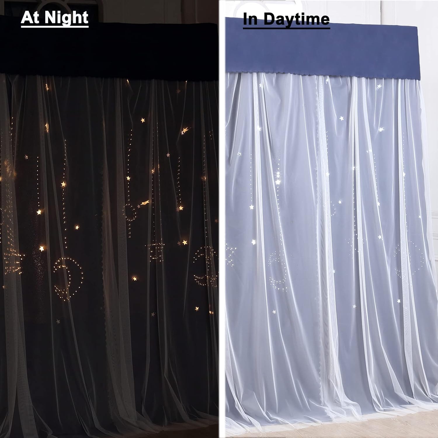 Cute Princess Navy 4 Corner Post Bed Canopy Curtain with Mosquito Net Bedroom Decoration&Light Like Starry Sky for Adults Girls Boys Bed Canopies ild Kids Bed (Navy-Star&Moon with Net, Twin)