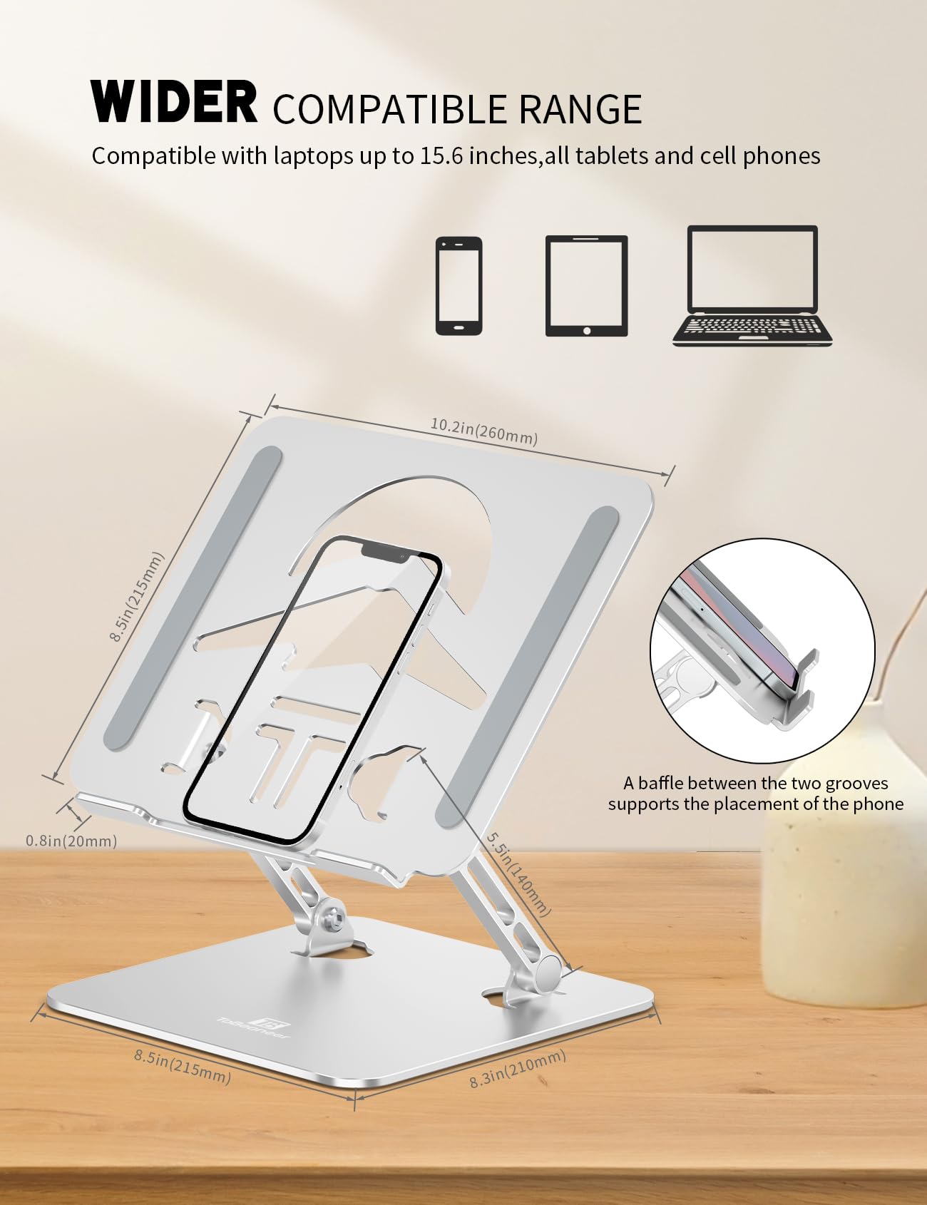 Soporte ergonómico para laptop, soporte ajustable para laptop, compatible con MacBook Air/Pro, Dell XPS, Lenovo, HP y todos los portátiles de hasta 15.6 pulgadas (plateado)