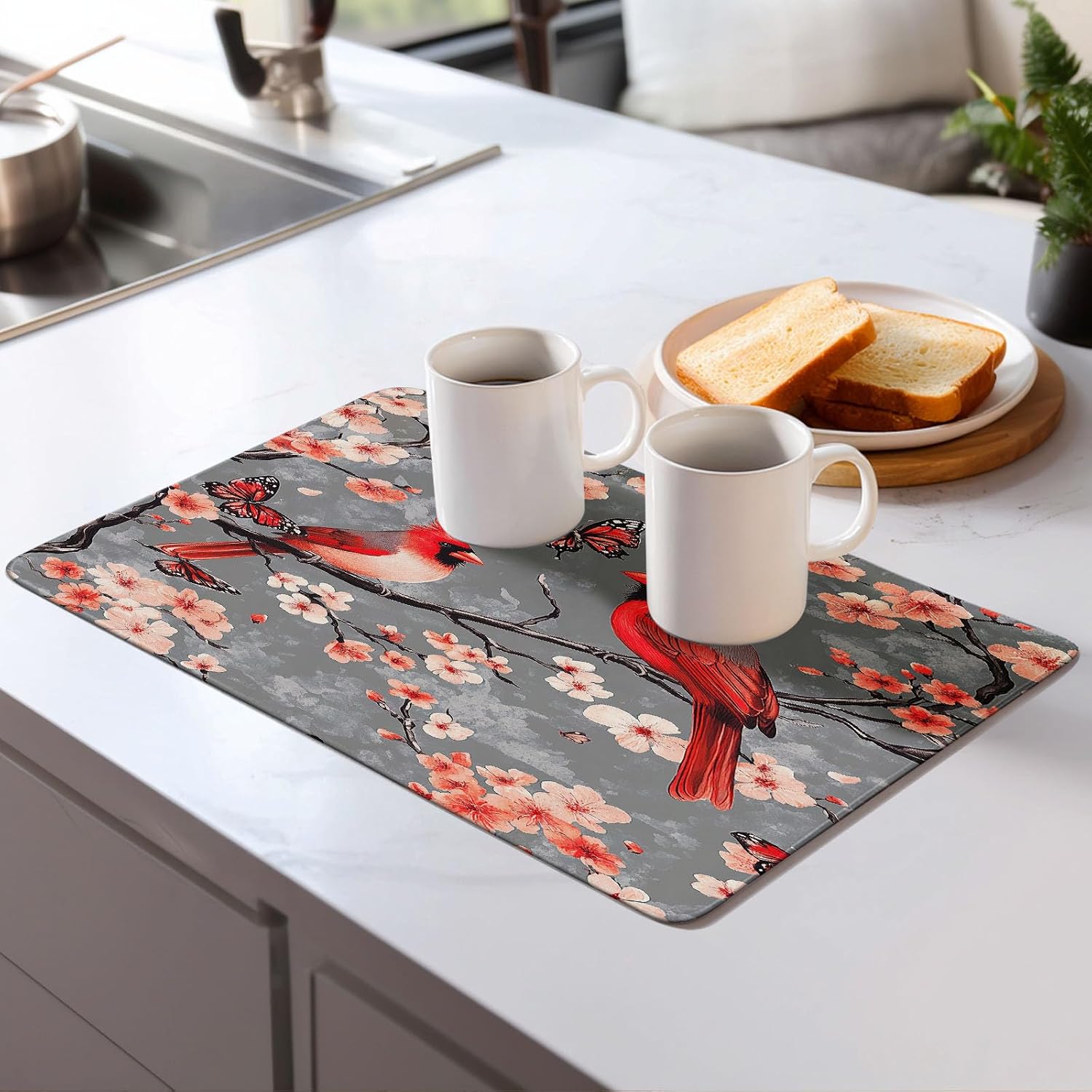 Cardinal Birds Dish Drying Mat for Kitchen Counter Microfiber Super Absorbent Non-Slip Dish Drying Pad for Countertops Dishes Utensils Stylish Quick-Dry Machine Washable 18x24 Inch image 2