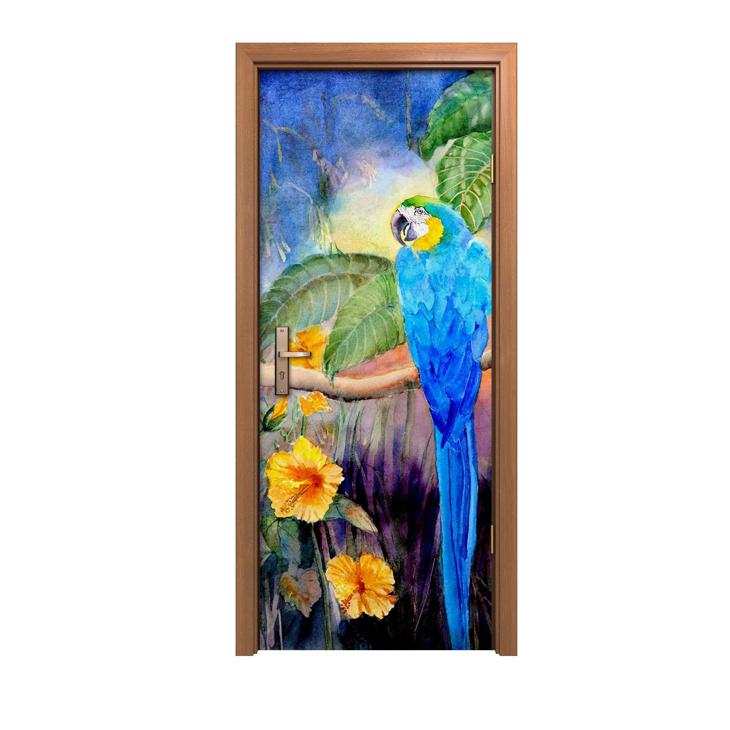 Autocollant de porte grand format perroquet pour créer un salon tropical agencé
