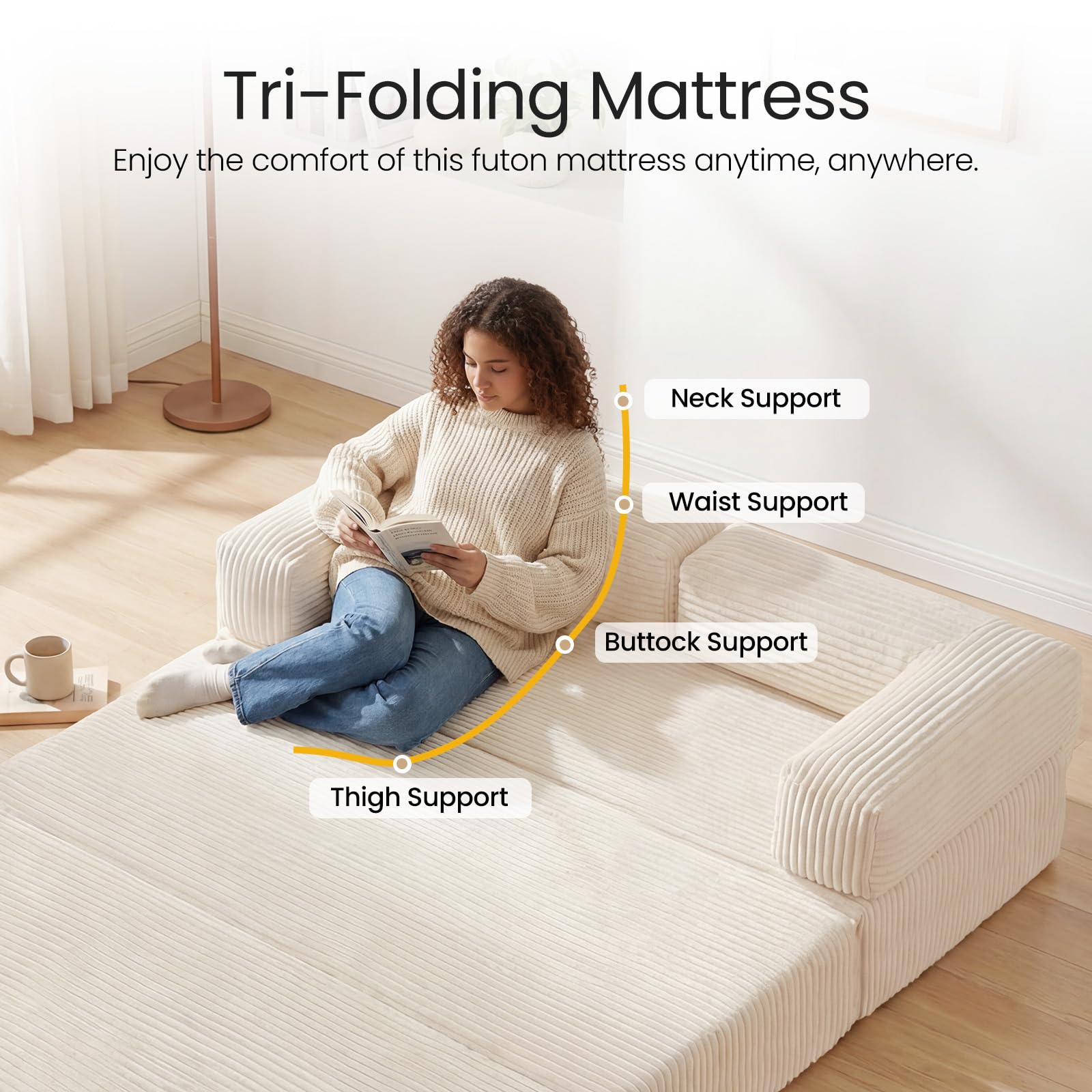 Erament Futon Sofa Bed Queen, Convertible Tri Folding Mattress Foldable with Removable Armrests & Washable Cover, 5-Inch Floor Mattress with High-Density Foam, Small Pull Out Couch Bed, Beige