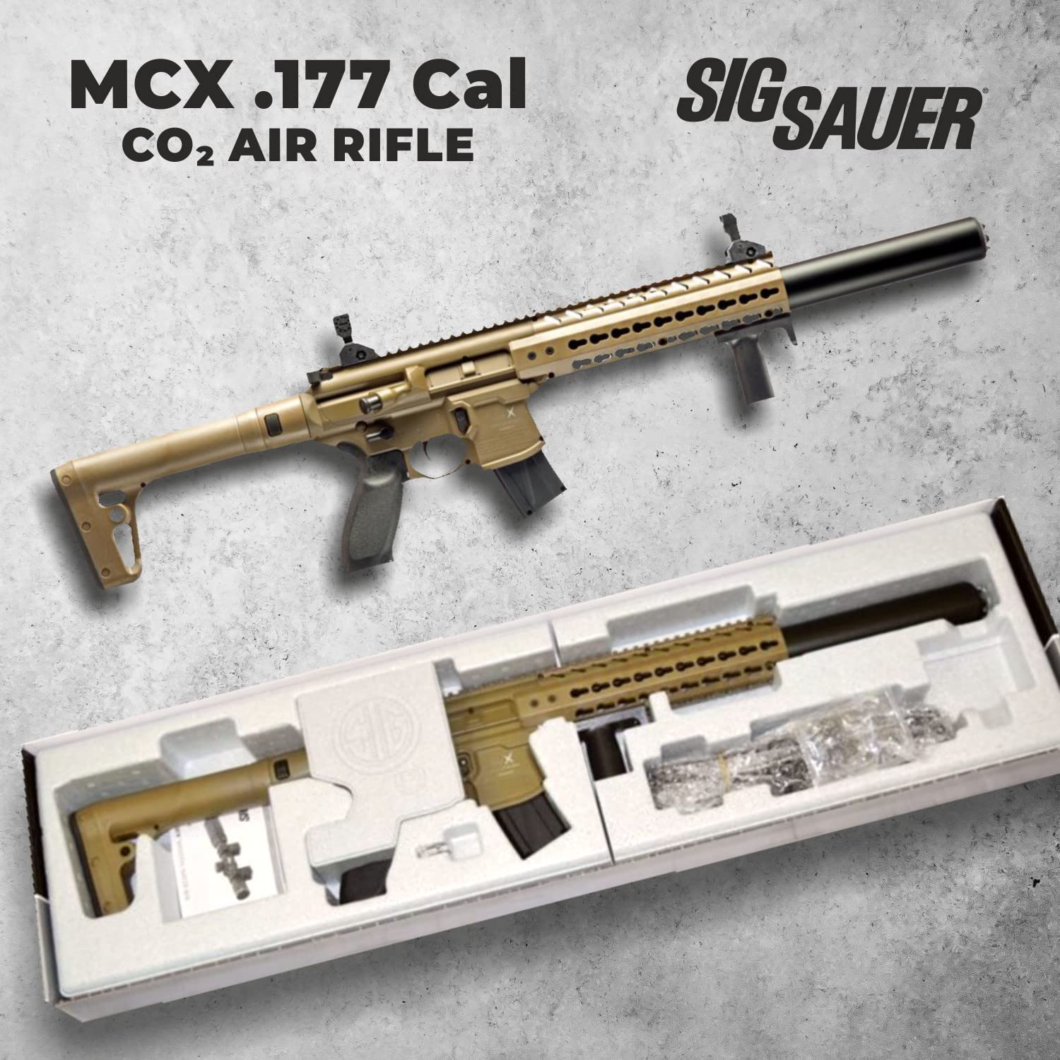 S?g Sauer MCX .177 Cal CO2 FDE Air Rifle with Wearable4U CO2 90 Gram (2 Pack) and 500x Pellets Bundle