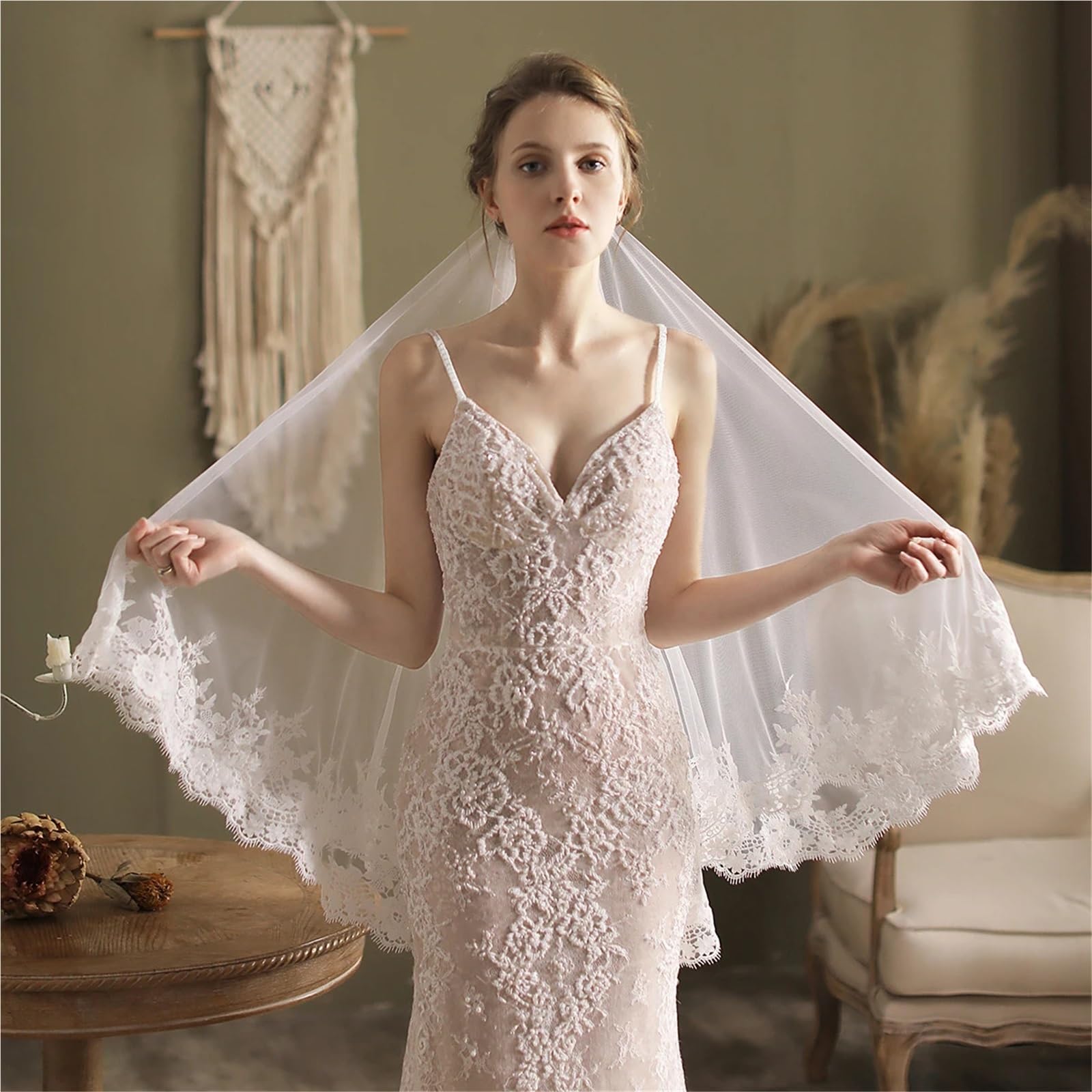 Hochzeitsschleier for Frauen, Brauthaarschmuck, Verlobung, handgefertigter, applizierter 2-lagiger Schleier mit Randkante, elegantes Brautaccessoire