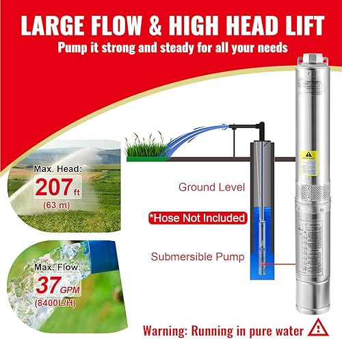 Miniatura 3 de Happybuy Bomba sumergible de pozo profundo 1HP, flujo de 37 GPM, cabeza de 207 pies, cable de 33 pies, acero inoxidable, IP68 impermeable, riego