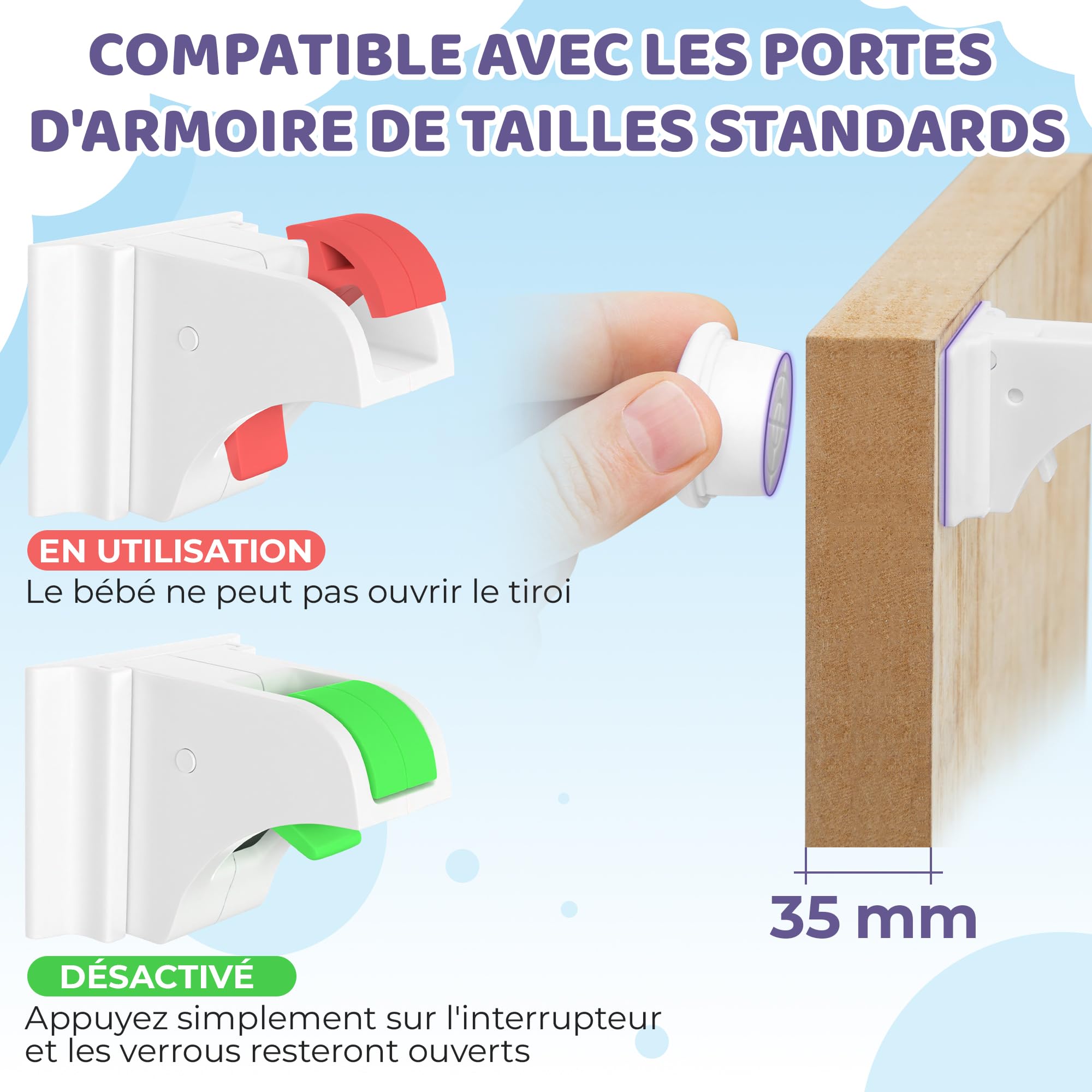 Serrure Magnétique Invisible pour Sécurité Enfant – 12 Verrous & 3 Clés – Blocage Sans Perçage – Protection pour Placards, Portes & Tiroirs – Blanc