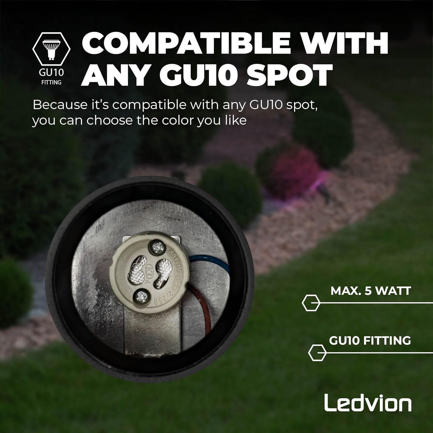 Ledvion garden spike spotlight with an adjustable beam angle of 120 degrees.