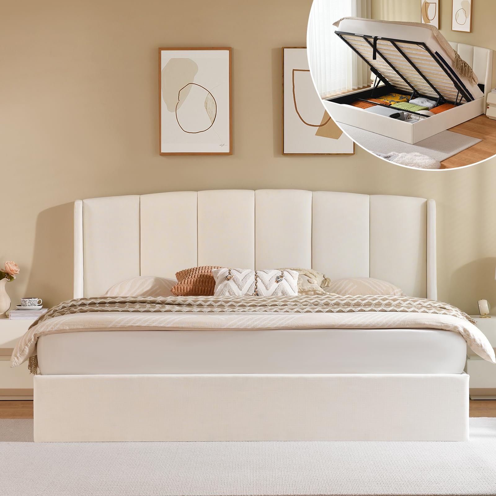 VELOCAVA King Size Lift Up Storage Bed, Soft Upholstered Beds with Hydraulic Mechanism, Modern Wingback Headboard with Vertical Channel Design, Wooden