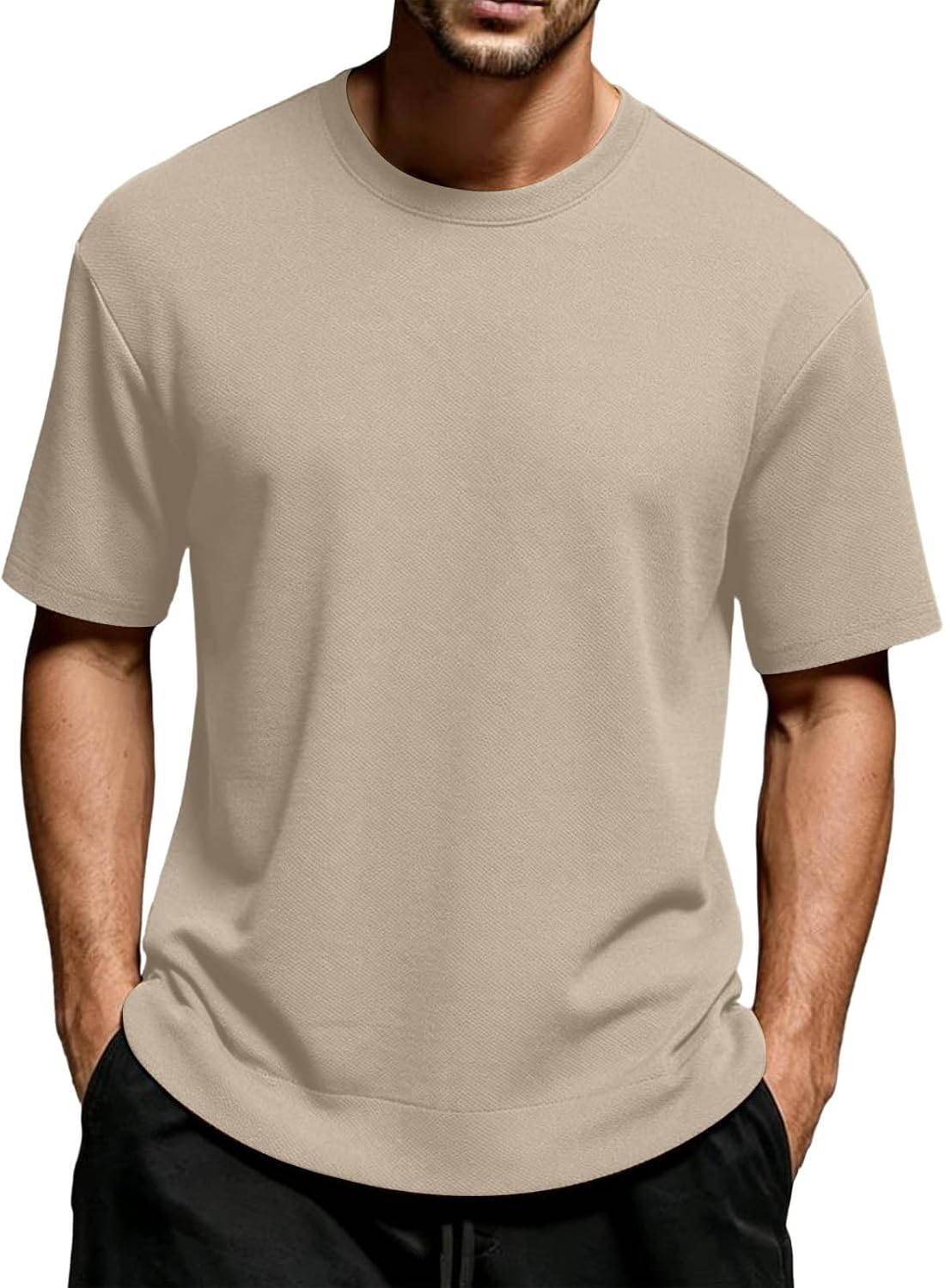 Mens Short Sleeve T-Shirts Casual Knit Texture Shirts Crewneck Solid Color Tee Tops Loose Summer Shirt for Daily